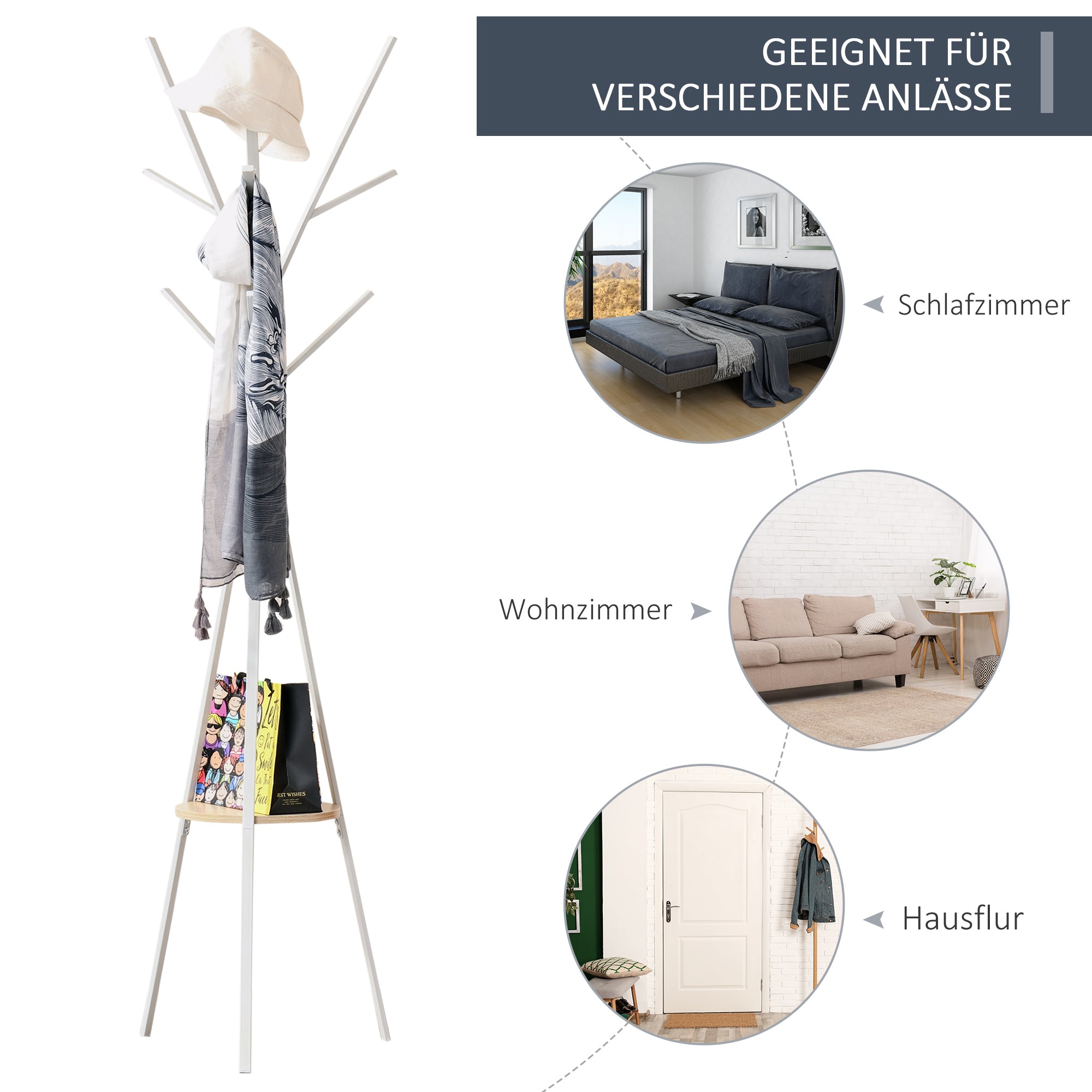 Coat Rack, Hat Rack with 8 Hooks, Coat Stand with Shelf, Standing Wardrobe for Clothing, Hats, Bags, Metal, White, 45 x 45 x 180 cm