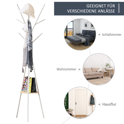 Coat Rack, Hat Rack with 8 Hooks, Coat Stand with Shelf, Standing Wardrobe for Clothing, Hats, Bags, Metal, White, 45 x 45 x 180 cm