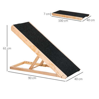 Pet Ramp with Non-Slip Carpet Adjustable Pet Staircase Dog Ramp for Large Dog Pine Wood Polyester Black+Natural Wood 90W x 40D x 61H cm