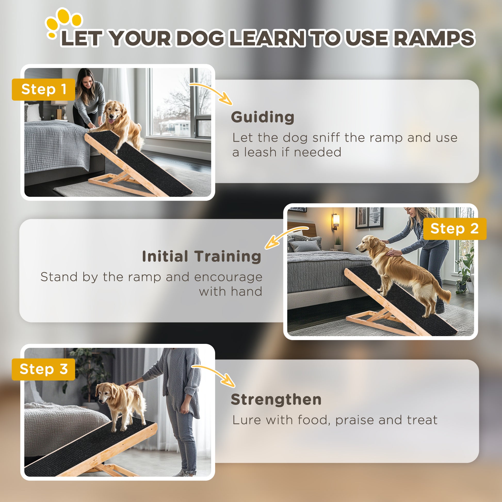 Pet Ramp with Non-Slip Carpet Adjustable Pet Staircase Dog Ramp for Large Dog Pine Wood Polyester Black+Natural Wood 90W x 40D x 61H cm