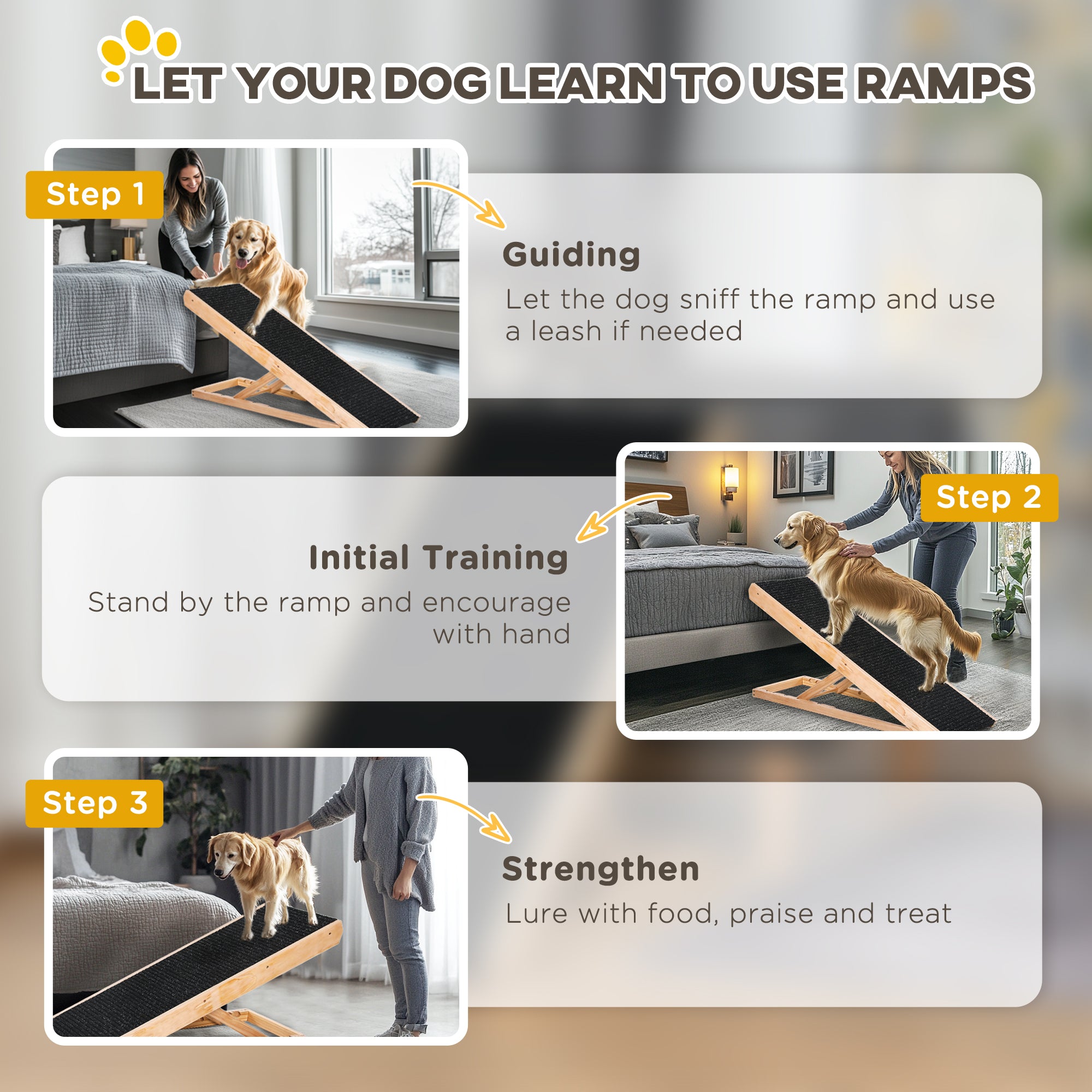 Pet Ramp with Non-Slip Carpet Adjustable Pet Staircase Dog Ramp for Large Dog Pine Wood Polyester Black+Natural Wood 90W x 40D x 61H cm