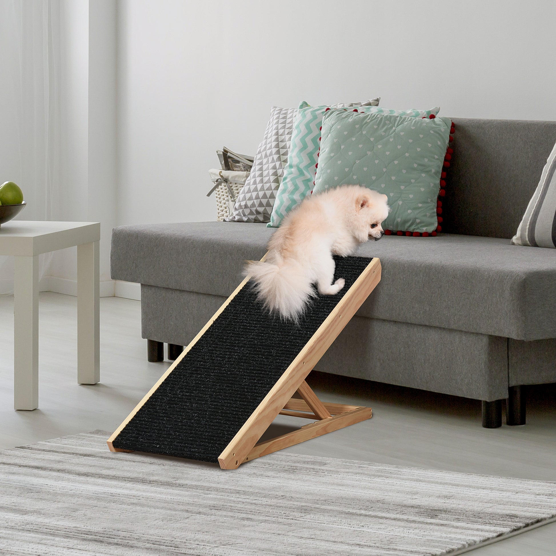 Pet Ramp with Non-Slip Carpet Adjustable Pet Staircase Dog Ramp for Large Dog Pine Wood Polyester Black+Natural Wood 90W x 40D x 61H cm
