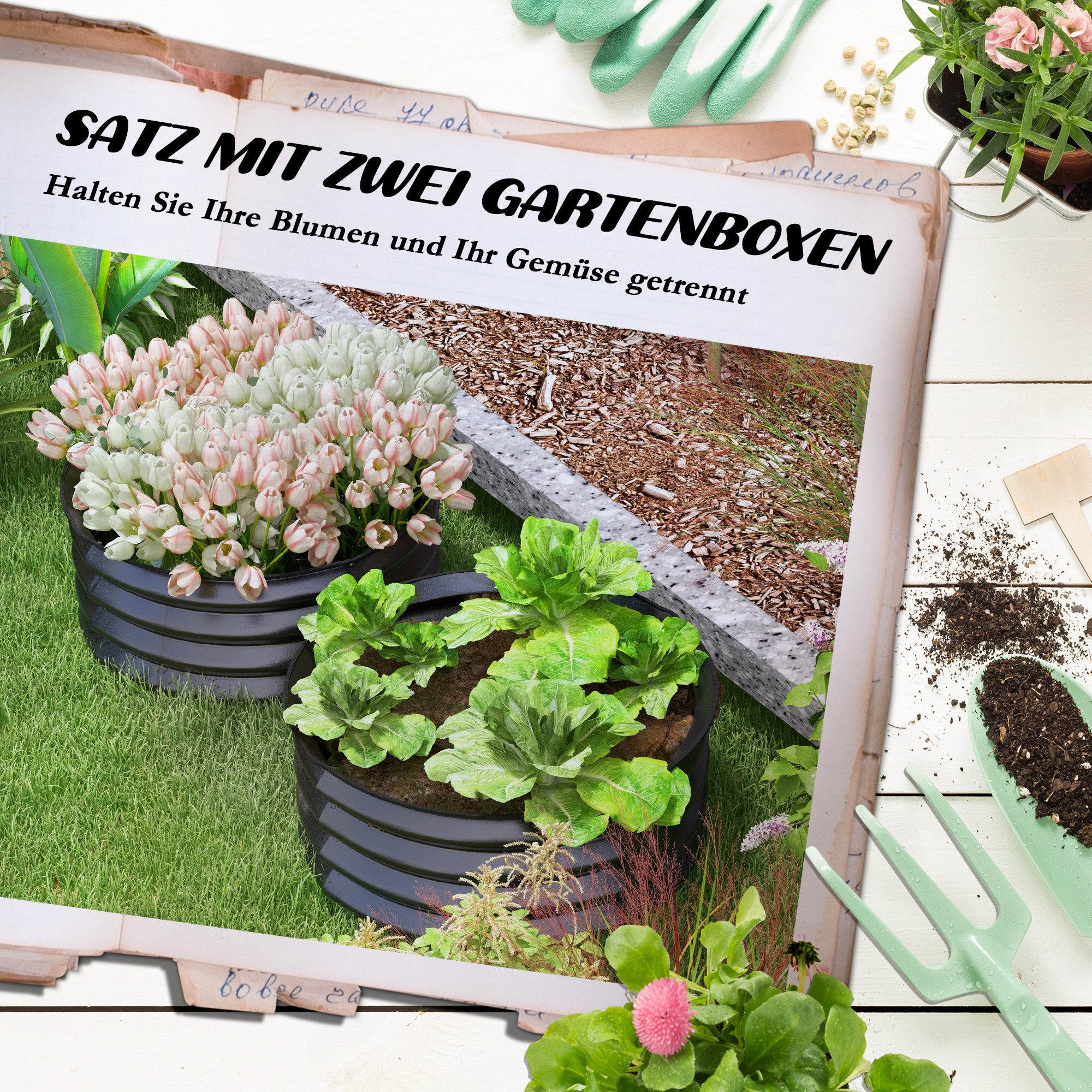 2-Piece Raised Bed Set Made of Steel, Planting Bed Greenhouse Garden Bed Planter Box Stackable, Vegetable Bed Ø60x30cm for Garden Balcony, Flower Planter for Flowers, Plants, Vegetables