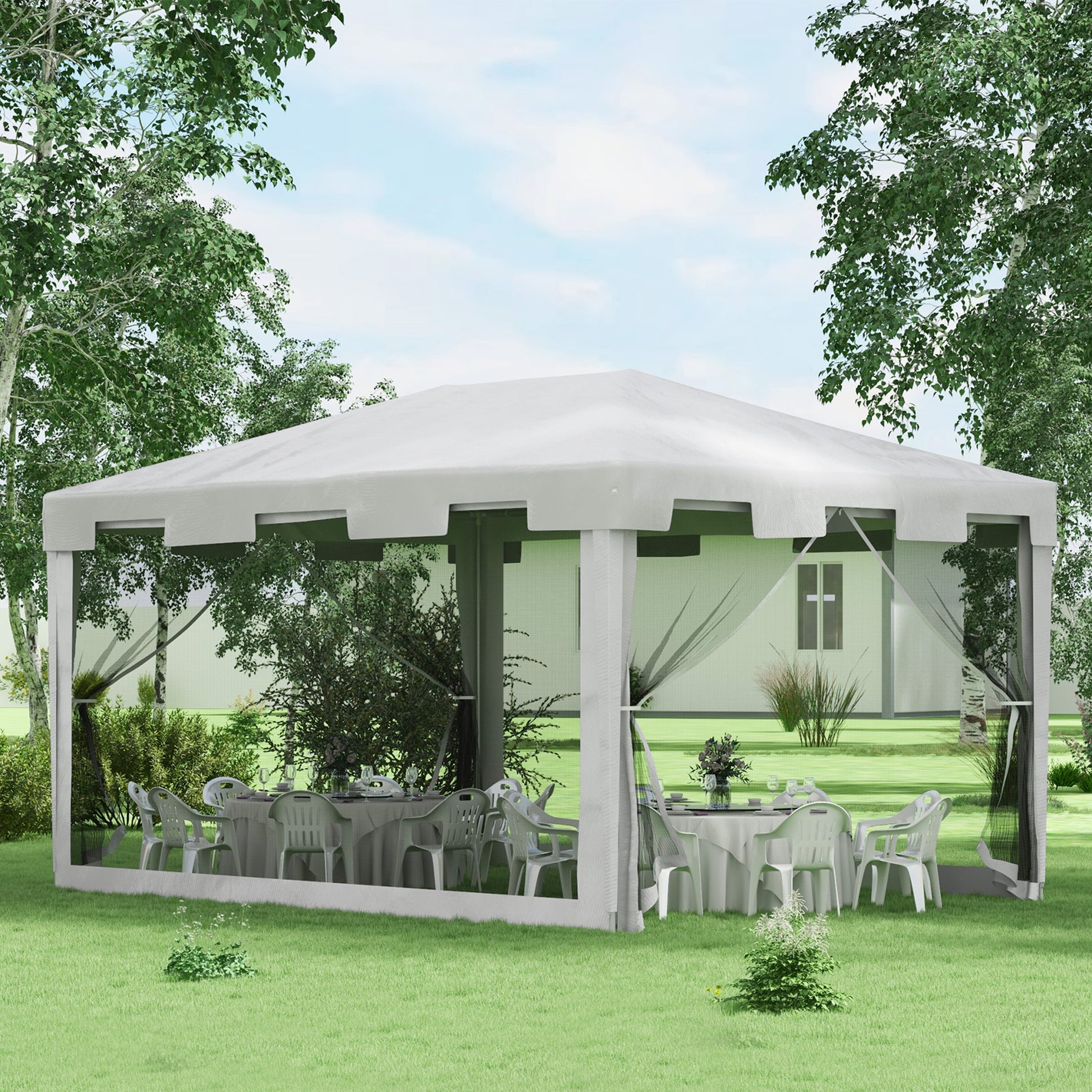 Garden Gazebo 4x3m Removable Outdoor Canopy with 4 Side Mosquito Nets 2 Zippered Doors and 6 Drainage Holes Waterproof Anti-UV for Terrace Patio Beach White and Black