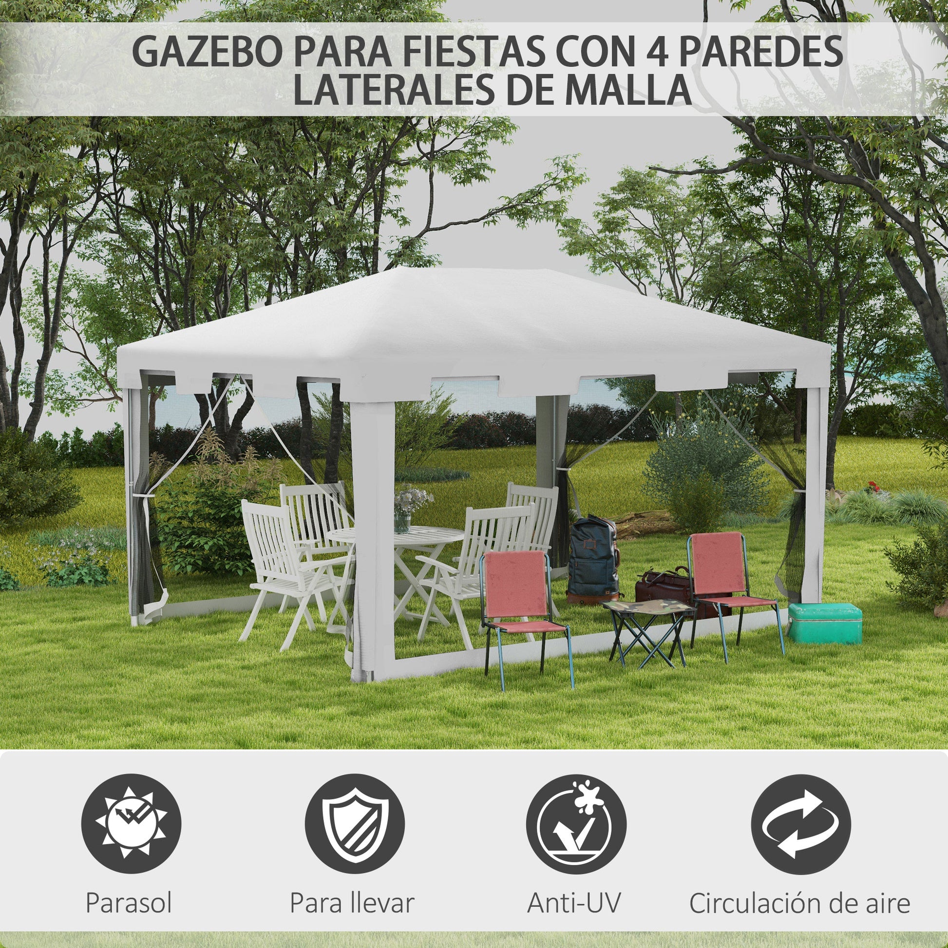 Garden Gazebo 4x3m Removable Outdoor Canopy with 4 Side Mosquito Nets 2 Zippered Doors and 6 Drainage Holes Waterproof Anti-UV for Terrace Patio Beach White and Black