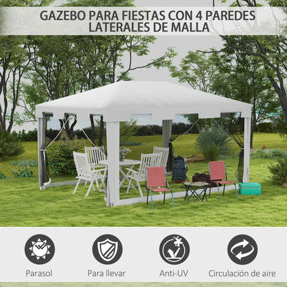 Garden Gazebo 4x3m Removable Outdoor Canopy with 4 Side Mosquito Nets 2 Zippered Doors and 6 Drainage Holes Waterproof Anti-UV for Terrace Patio Beach White and Black