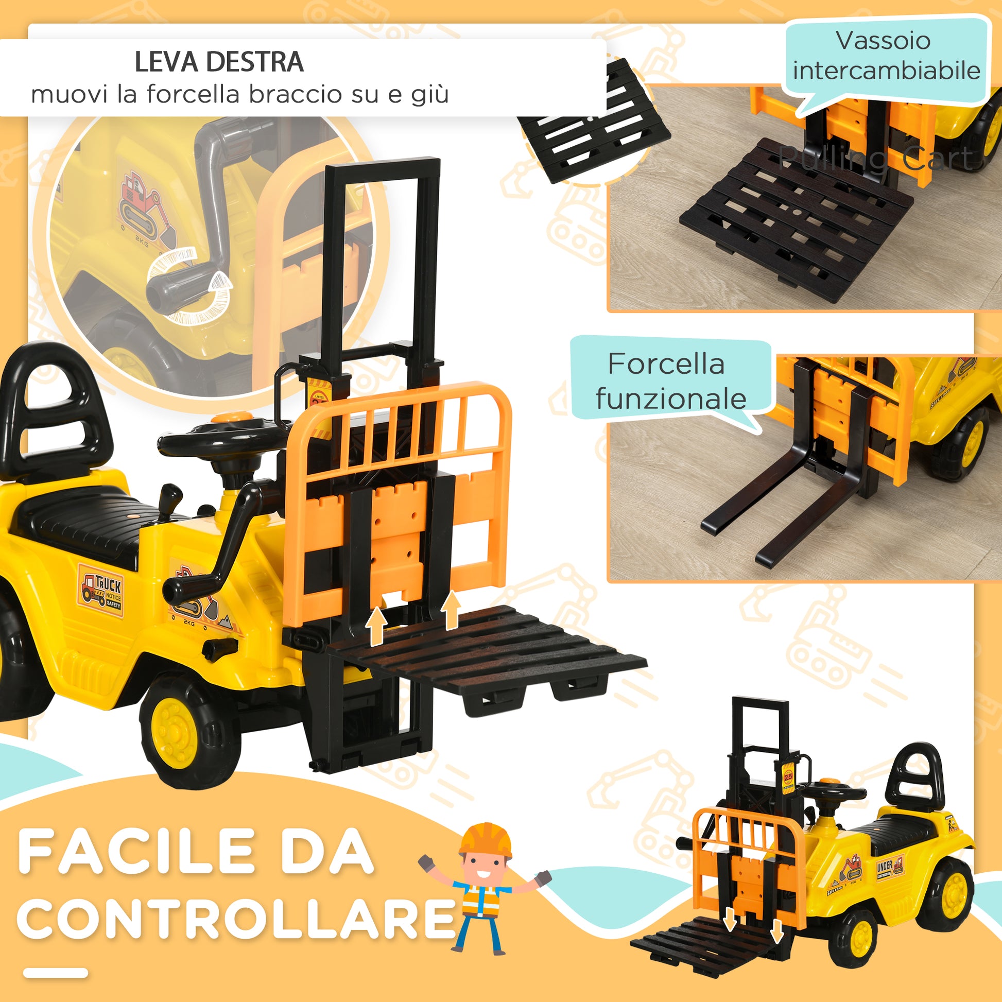 Ride-On Tractor for Kids 3-4 Years with Backhoe, Sound Button, and Hidden Storage Space, in PP and ABS, 86x27.5x47.5 cm, Yellow and Black