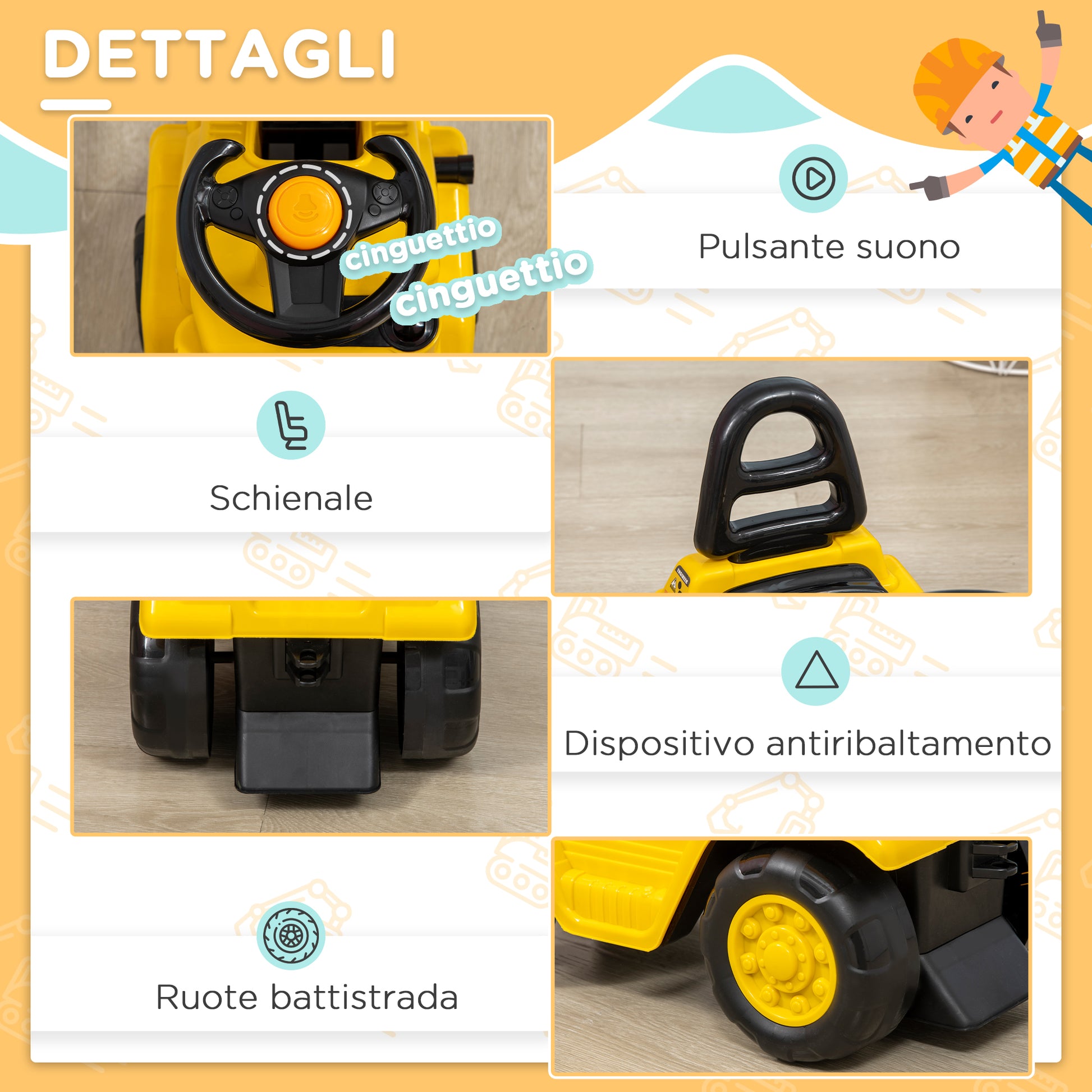 Ride-On Tractor for Kids 3-4 Years with Backhoe, Sound Button, and Hidden Storage Space, in PP and ABS, 86x27.5x47.5 cm, Yellow and Black