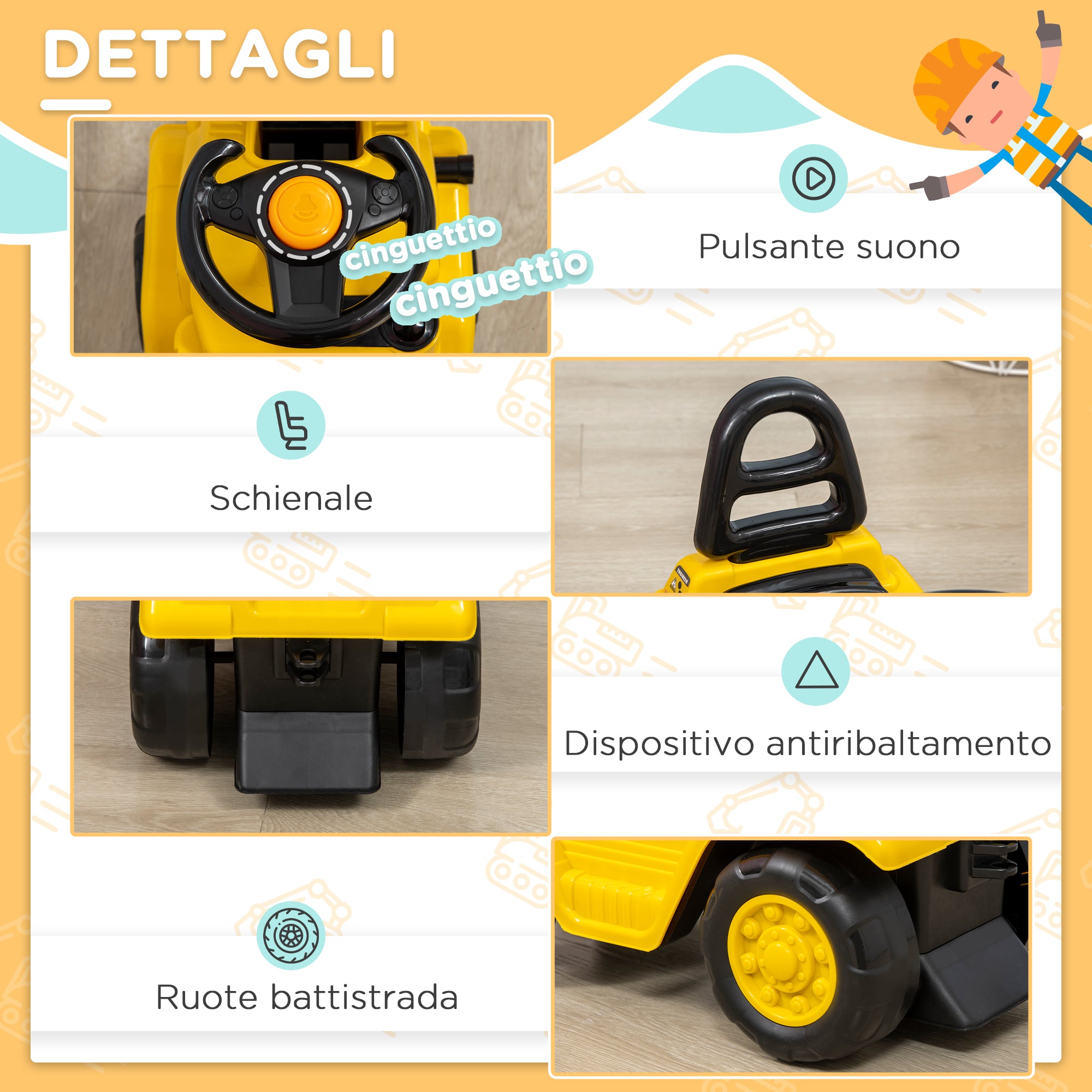 Ride-On Tractor for Kids 3-4 Years with Backhoe, Sound Button, and Hidden Storage Space, in PP and ABS, 86x27.5x47.5 cm, Yellow and Black