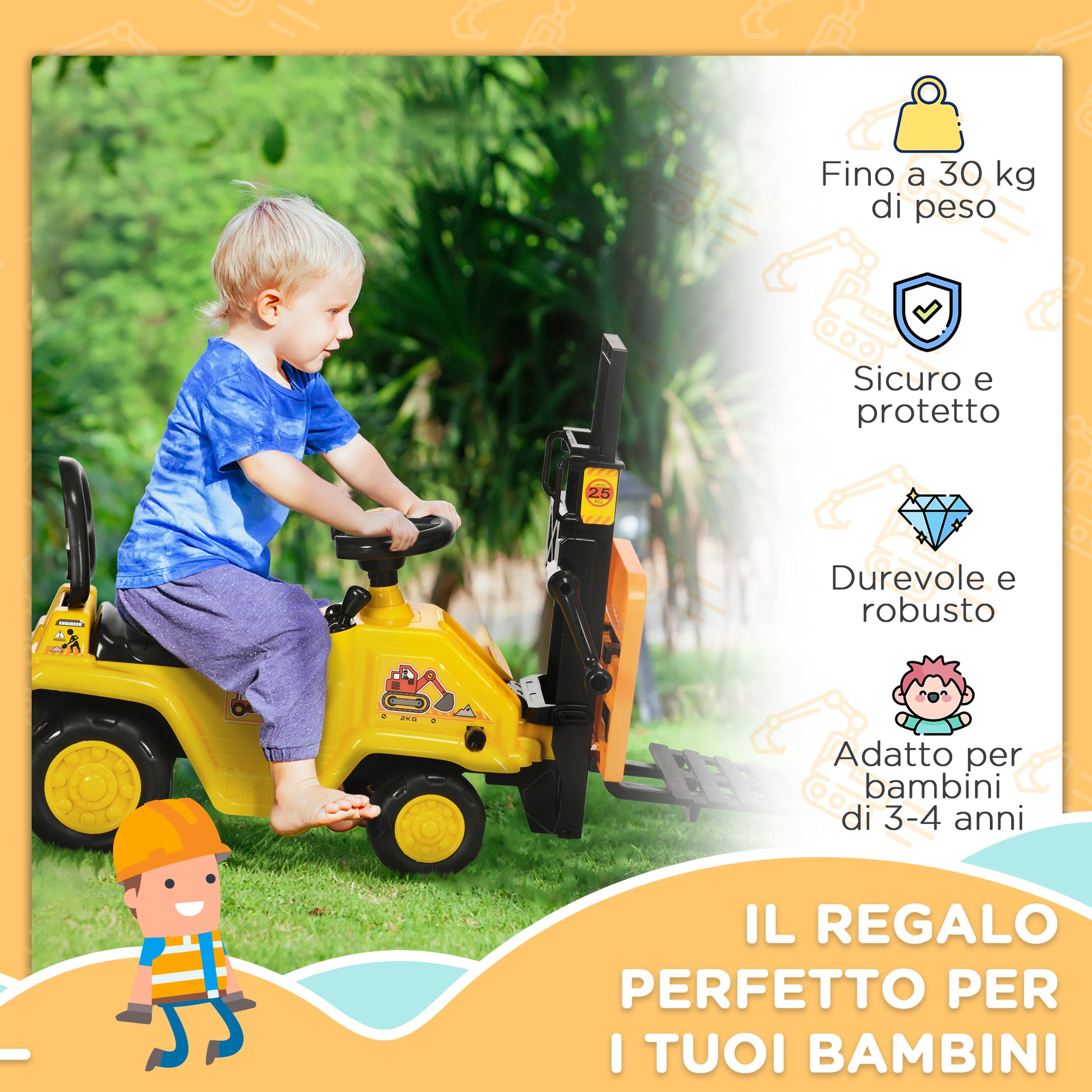 Ride-On Tractor for Kids 3-4 Years with Backhoe, Sound Button, and Hidden Storage Space, in PP and ABS, 86x27.5x47.5 cm, Yellow and Black