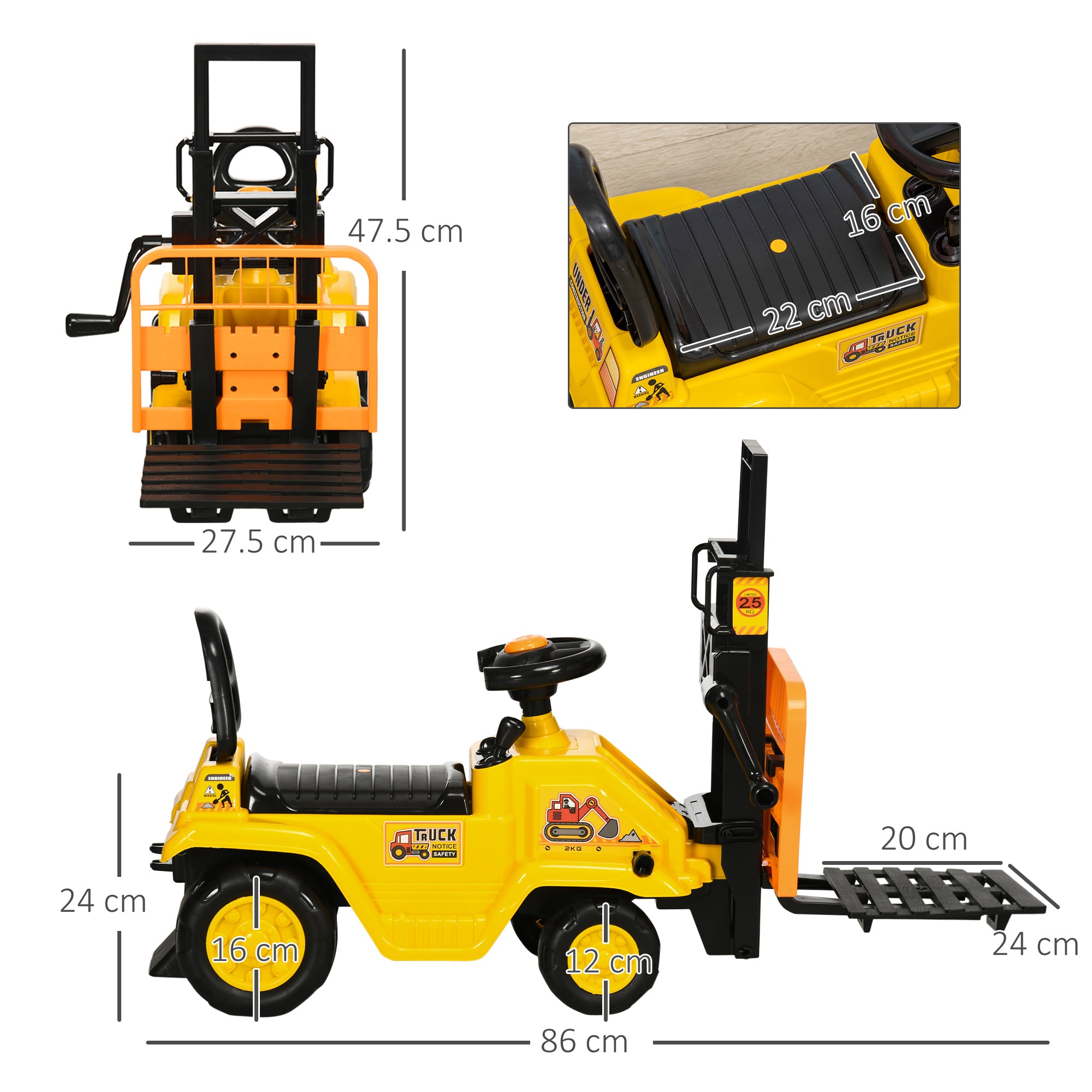 Ride-On Tractor for Kids 3-4 Years with Backhoe, Sound Button, and Hidden Storage Space, in PP and ABS, 86x27.5x47.5 cm, Yellow and Black