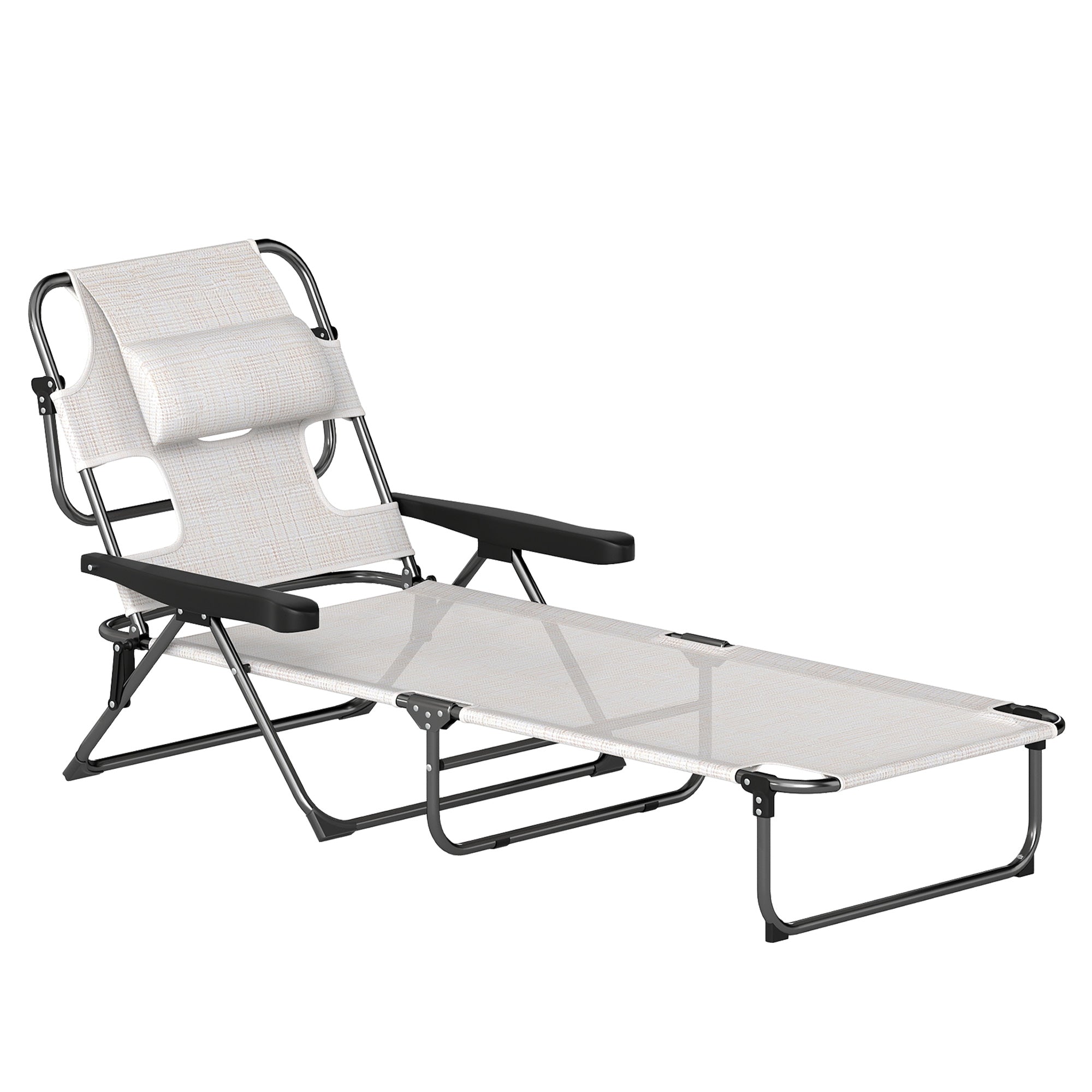 Folding Sun Lounger Garden Sun Lounger with 4-Level Adjustable Backrest Reading Hole and Headrest for Terrace Pool 194x72x31 cm Cream