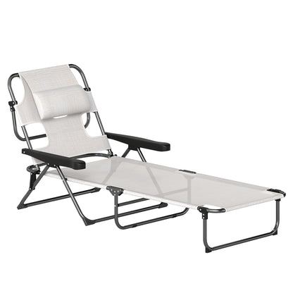 Folding Sun Lounger Garden Sun Lounger with 4-Level Adjustable Backrest Reading Hole and Headrest for Terrace Pool 194x72x31 cm Cream