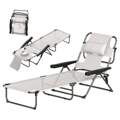 Folding Sun Lounger Garden Sun Lounger with 4-Level Adjustable Backrest Reading Hole and Headrest for Terrace Pool 194x72x31 cm Cream