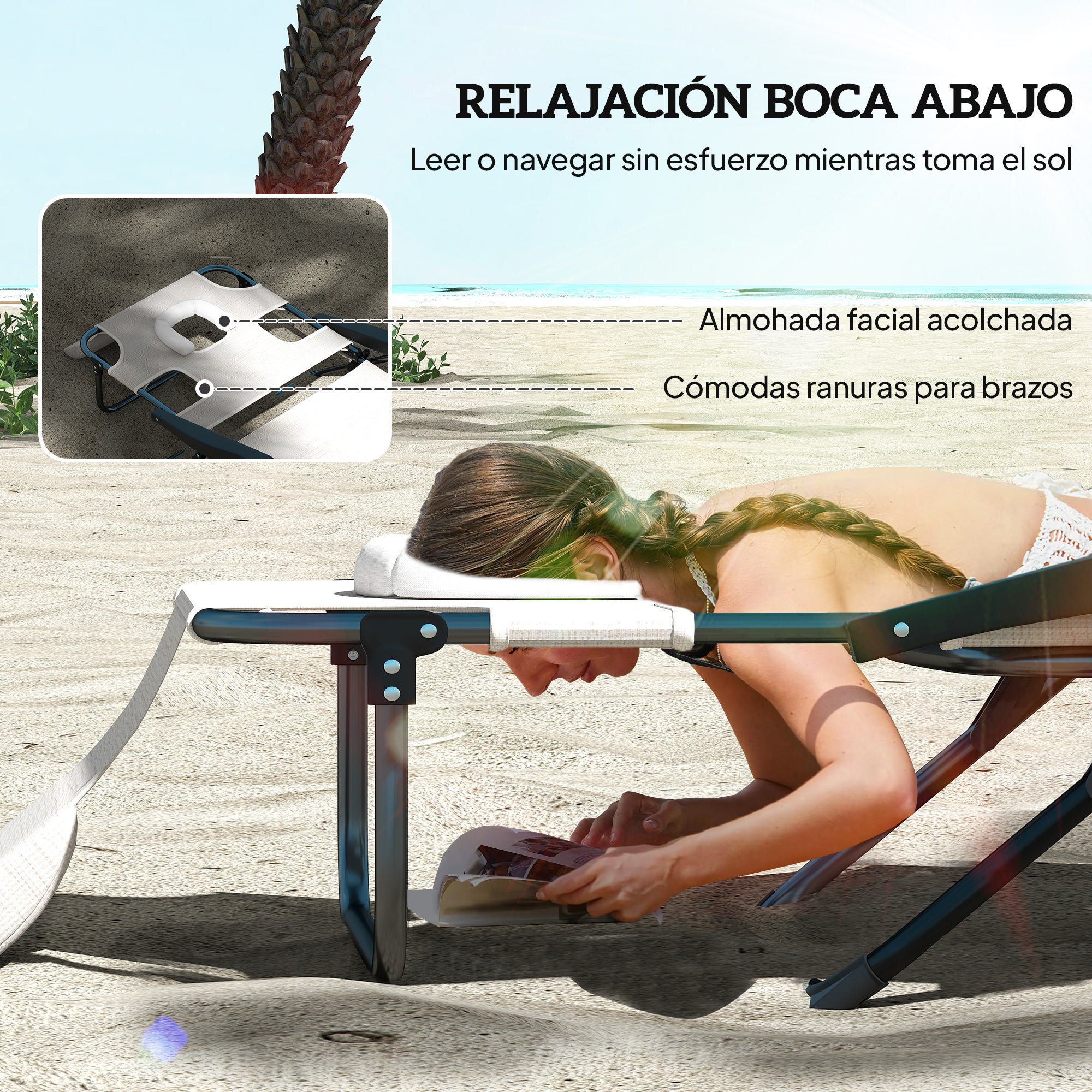 Folding Sun Lounger Garden Sun Lounger with 4-Level Adjustable Backrest Reading Hole and Headrest for Terrace Pool 194x72x31 cm Cream