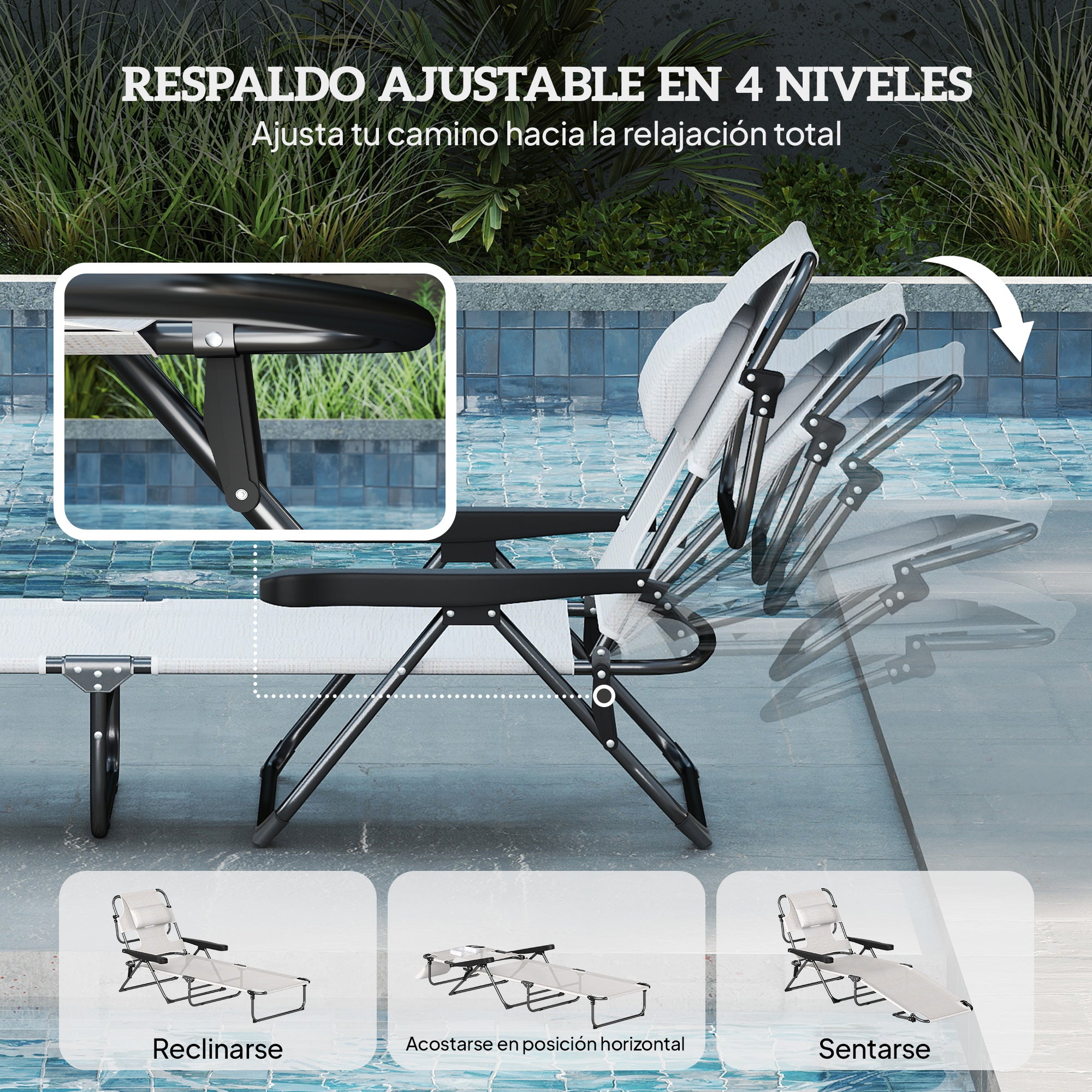Folding Sun Lounger Garden Sun Lounger with 4-Level Adjustable Backrest Reading Hole and Headrest for Terrace Pool 194x72x31 cm Cream