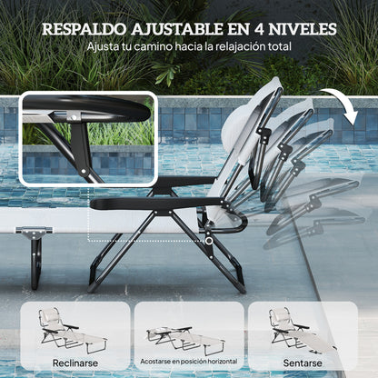 Folding Sun Lounger Garden Sun Lounger with 4-Level Adjustable Backrest Reading Hole and Headrest for Terrace Pool 194x72x31 cm Cream