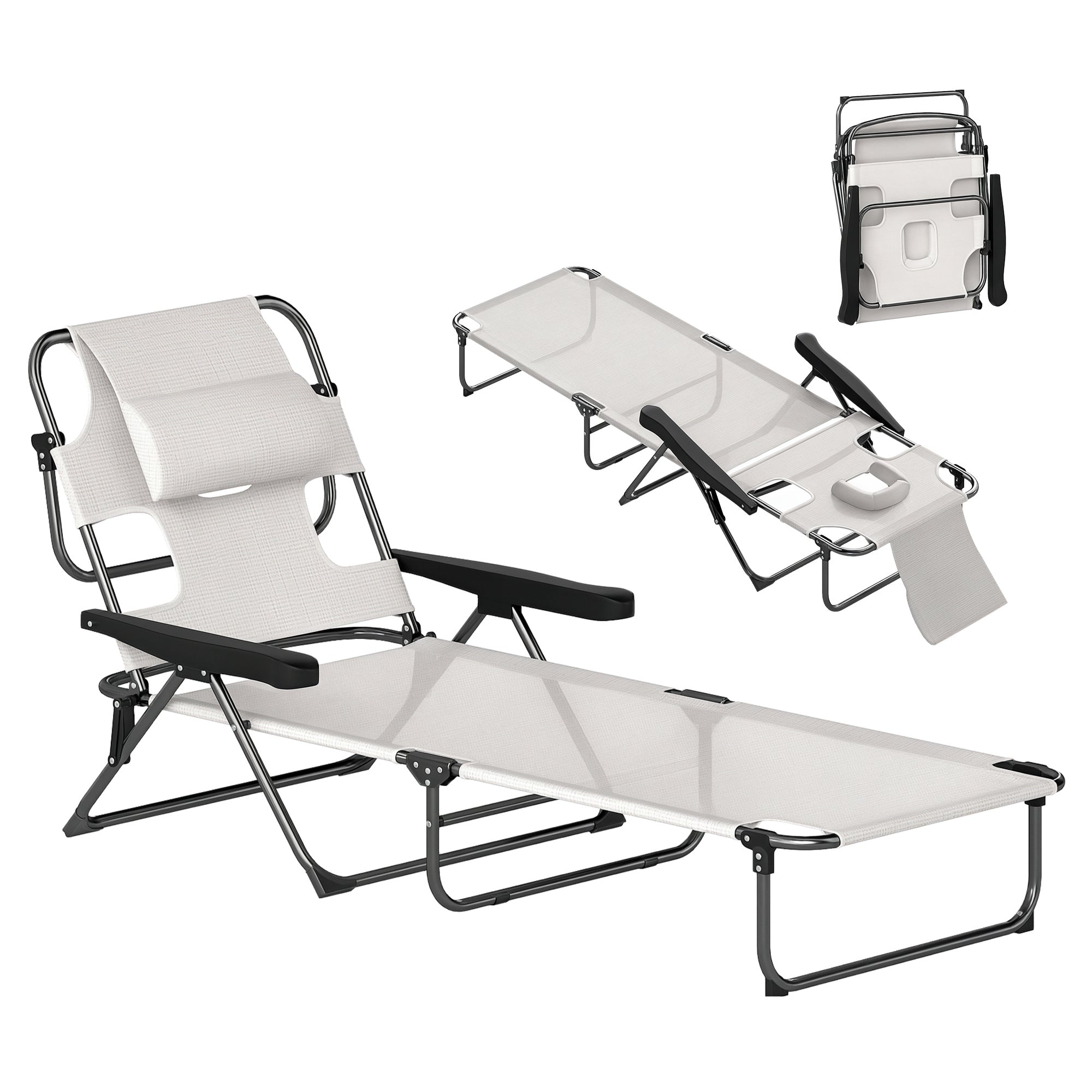 Folding Sun Lounger Garden Sun Lounger with 4-Level Adjustable Backrest Reading Hole and Headrest for Terrace Pool 194x72x31 cm Cream