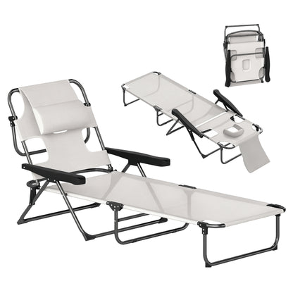 Folding Sun Lounger Garden Sun Lounger with 4-Level Adjustable Backrest Reading Hole and Headrest for Terrace Pool 194x72x31 cm Cream