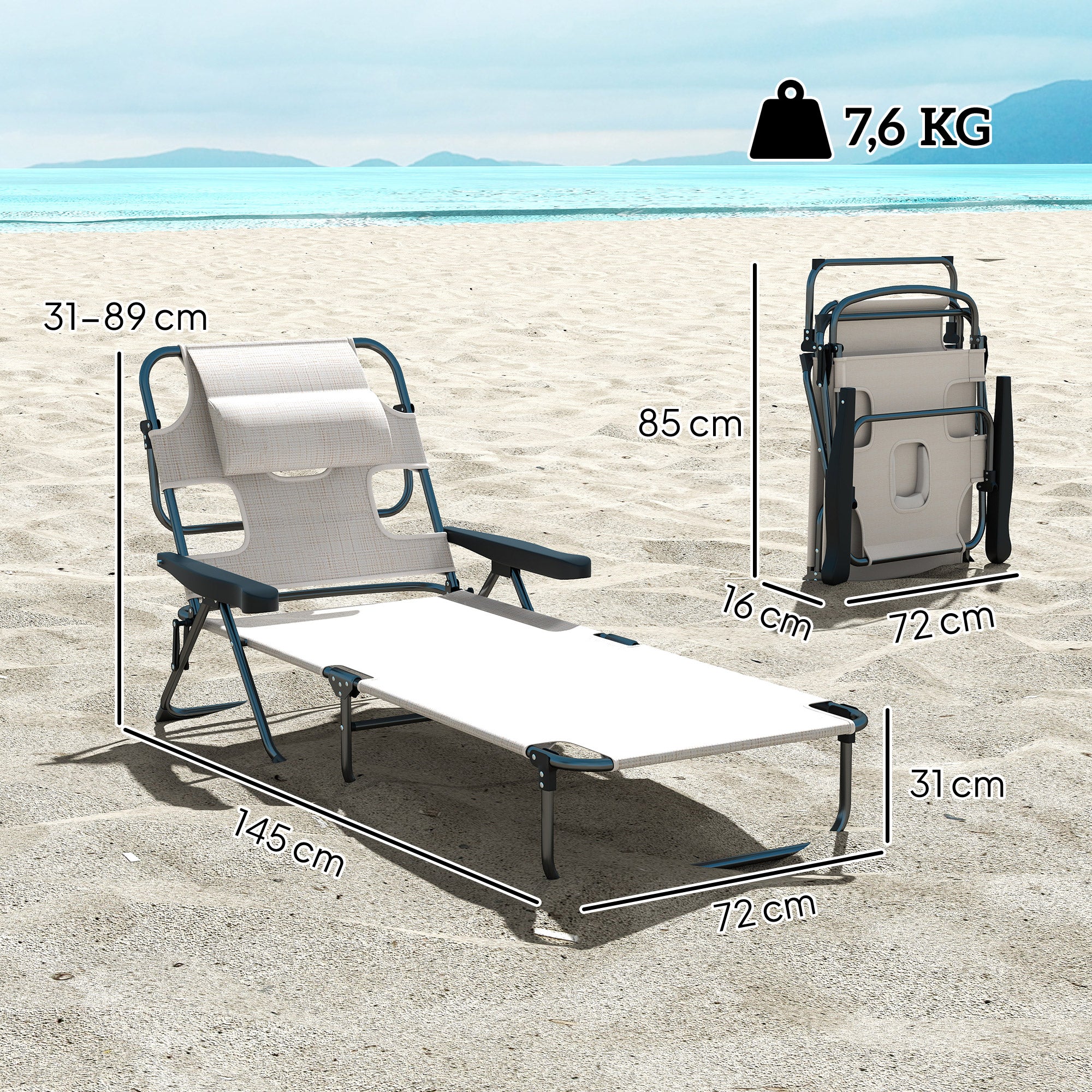 Folding Sun Lounger Garden Sun Lounger with 4-Level Adjustable Backrest Reading Hole and Headrest for Terrace Pool 194x72x31 cm Cream
