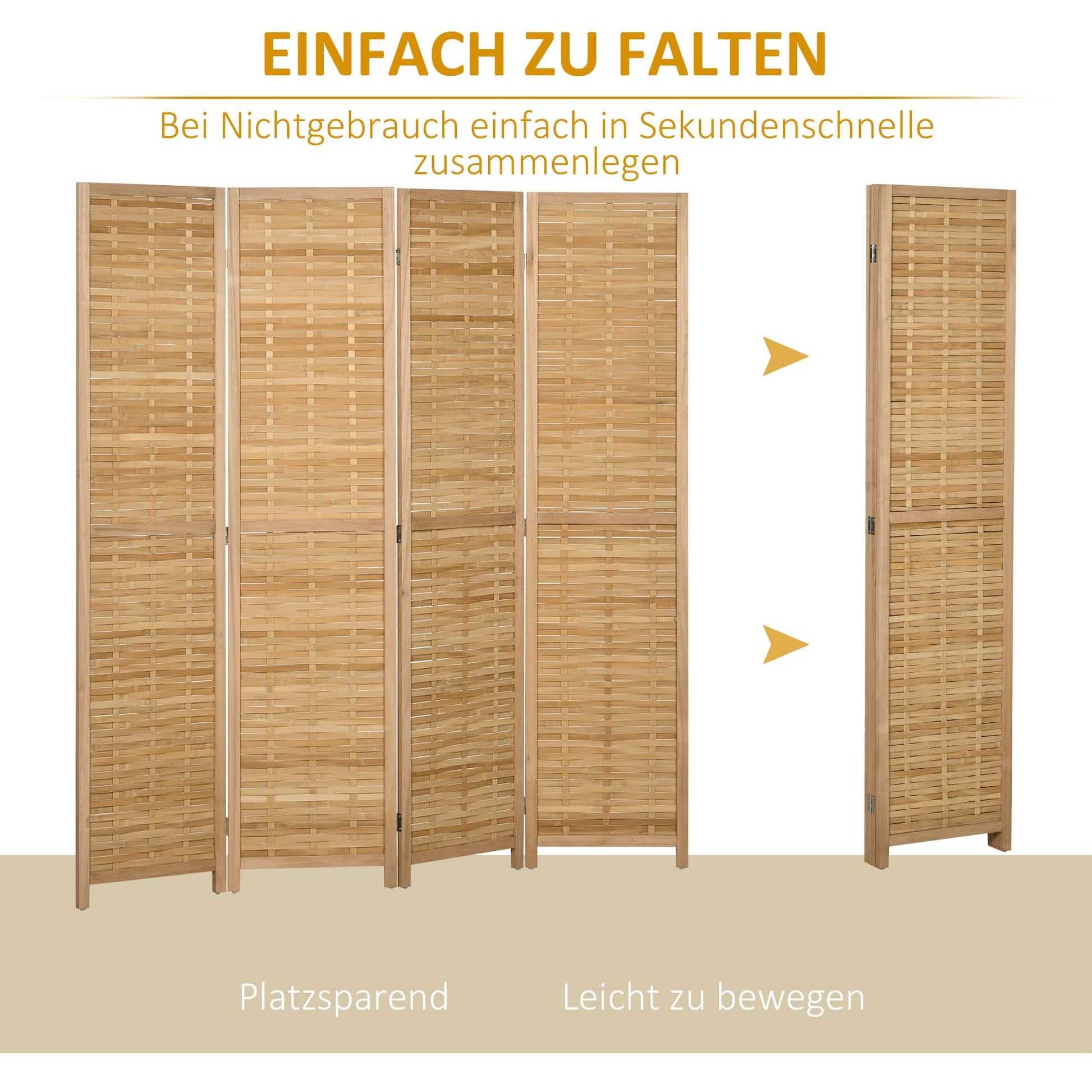 4-Panel Room Partition, 160 x 170 cm Divider, Bamboo Room Divider, Foldable Privacy Screen, Partition Screen for Living Room, Bedroom, Natural