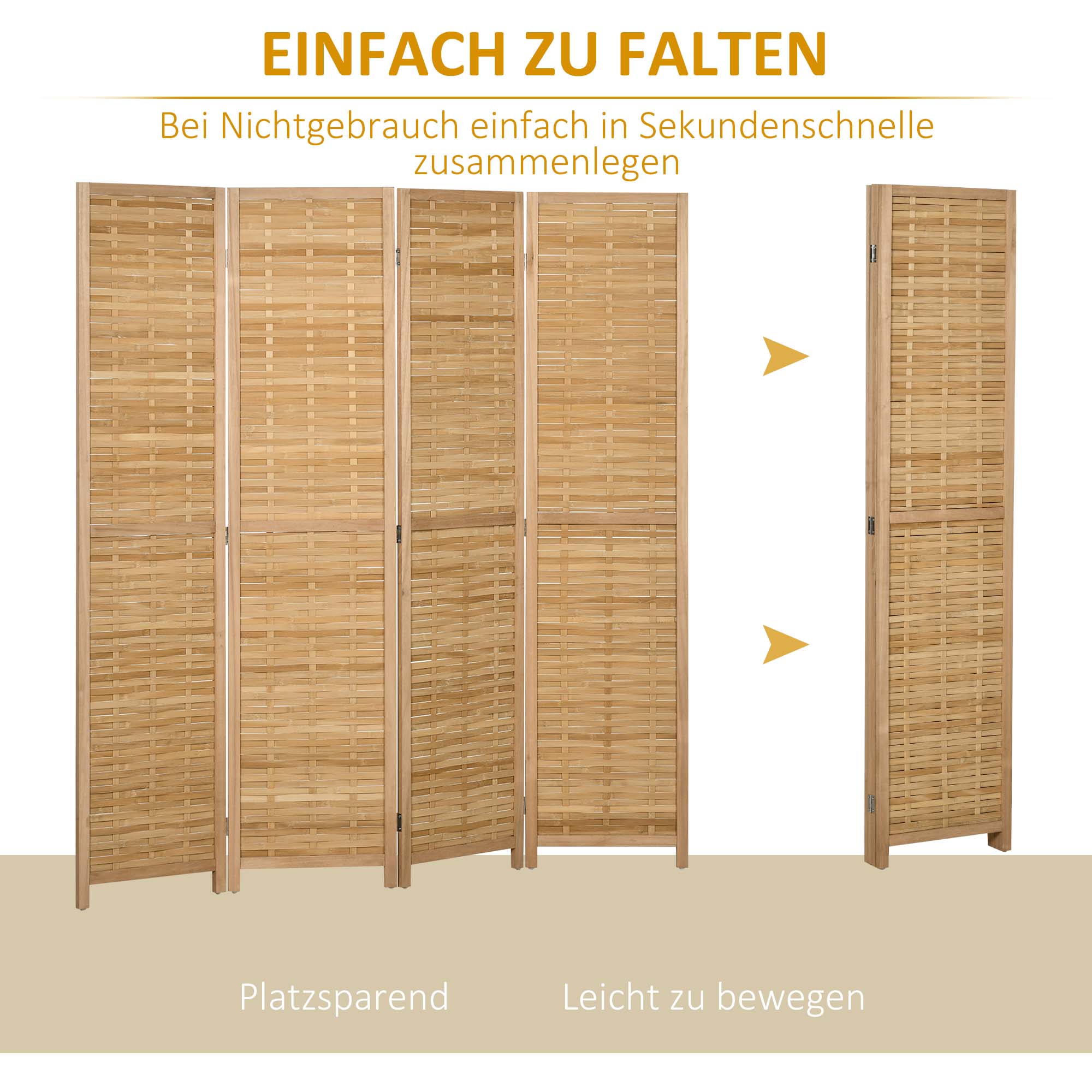 4-Panel Room Partition, 160 x 170 cm Divider, Bamboo Room Divider, Foldable Privacy Screen, Partition Screen for Living Room, Bedroom, Natural