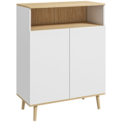 Storage Cabinet, Kitchen Buffet, with Adjustable Shelf, 2-Door Cupboard, 80 x 38 x 102 cm, Scandinavian Design, Solid Wood Legs, White and Wood Tone Finish