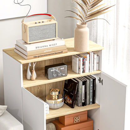 Storage Cabinet, Kitchen Buffet, with Adjustable Shelf, 2-Door Cupboard, 80 x 38 x 102 cm, Scandinavian Design, Solid Wood Legs, White and Wood Tone Finish