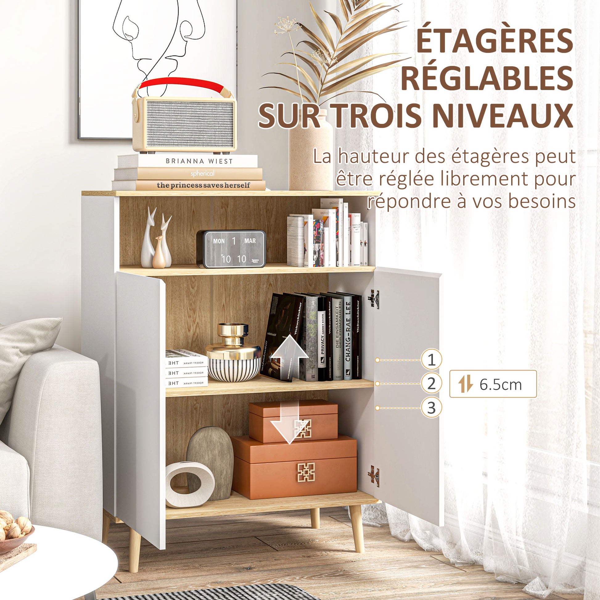 Storage Cabinet, Kitchen Buffet, with Adjustable Shelf, 2-Door Cupboard, 80 x 38 x 102 cm, Scandinavian Design, Solid Wood Legs, White and Wood Tone Finish