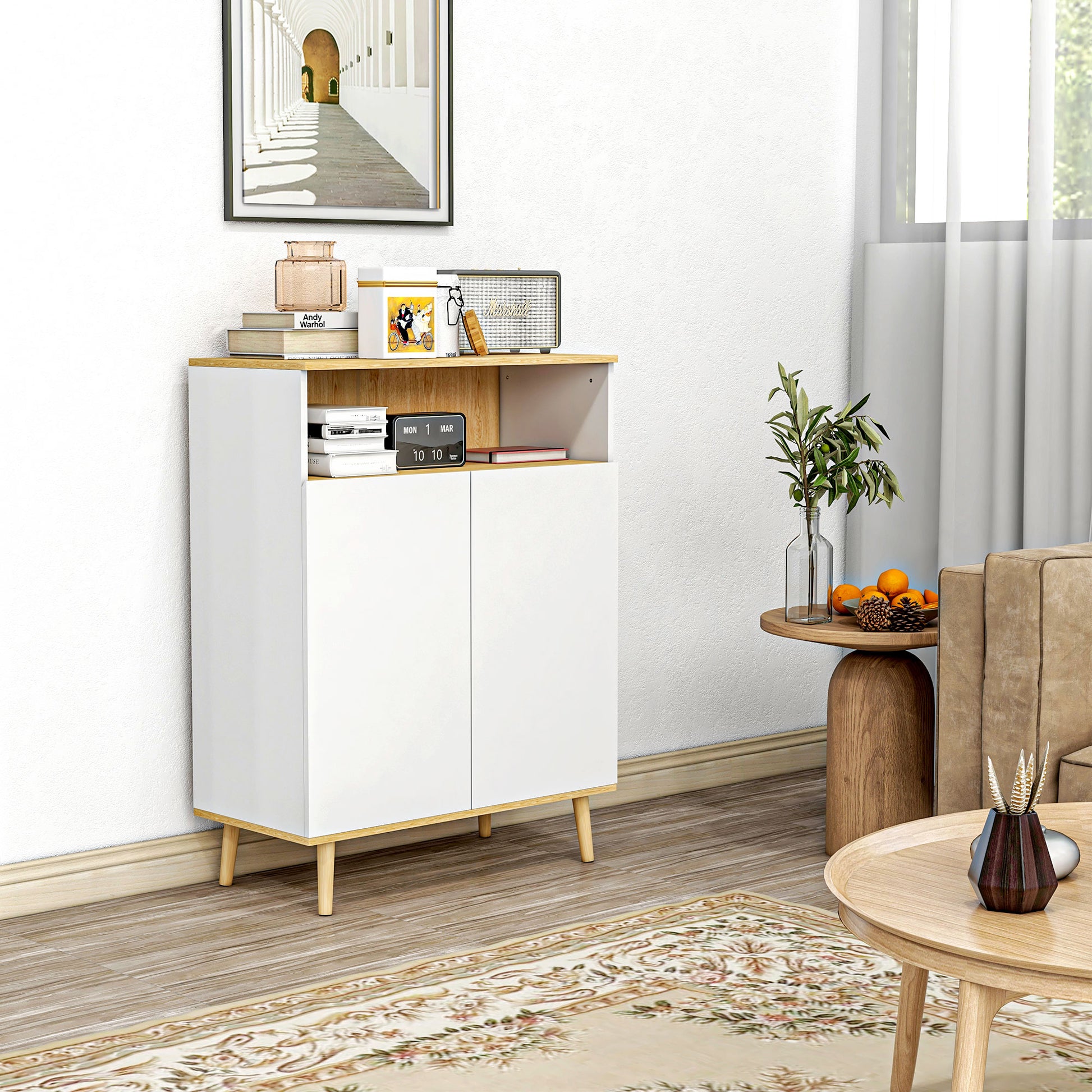 Storage Cabinet, Kitchen Buffet, with Adjustable Shelf, 2-Door Cupboard, 80 x 38 x 102 cm, Scandinavian Design, Solid Wood Legs, White and Wood Tone Finish