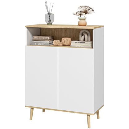 Storage Cabinet, Kitchen Buffet, with Adjustable Shelf, 2-Door Cupboard, 80 x 38 x 102 cm, Scandinavian Design, Solid Wood Legs, White and Wood Tone Finish