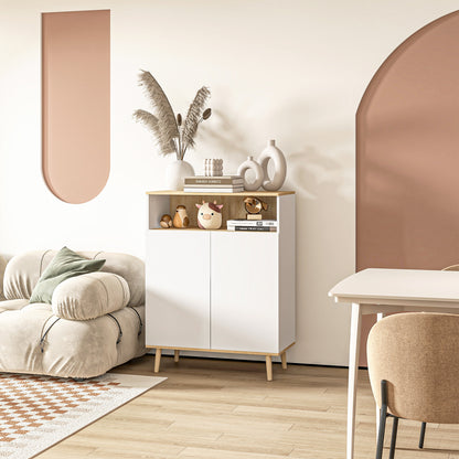 Storage Cabinet, Kitchen Buffet, with Adjustable Shelf, 2-Door Cupboard, 80 x 38 x 102 cm, Scandinavian Design, Solid Wood Legs, White and Wood Tone Finish