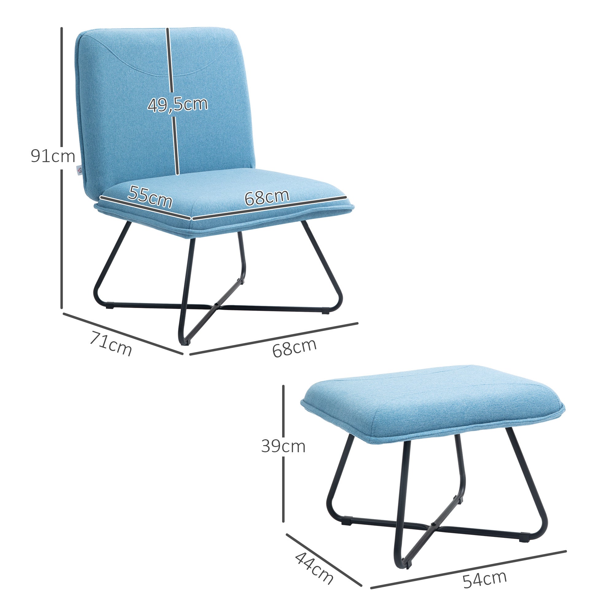 Living Room Chair with Footrest Armless Relax Chair with Steel Cross Legs for Bedroom Blue Light for Living Room