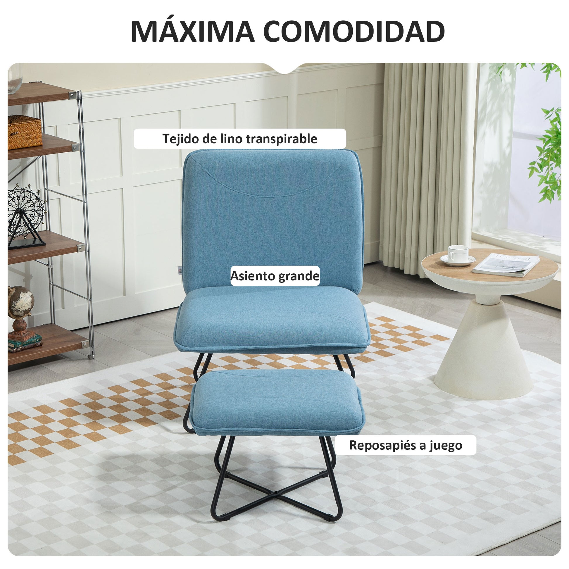 Living Room Chair with Footrest Armless Relax Chair with Steel Cross Legs for Bedroom Blue Light for Living Room