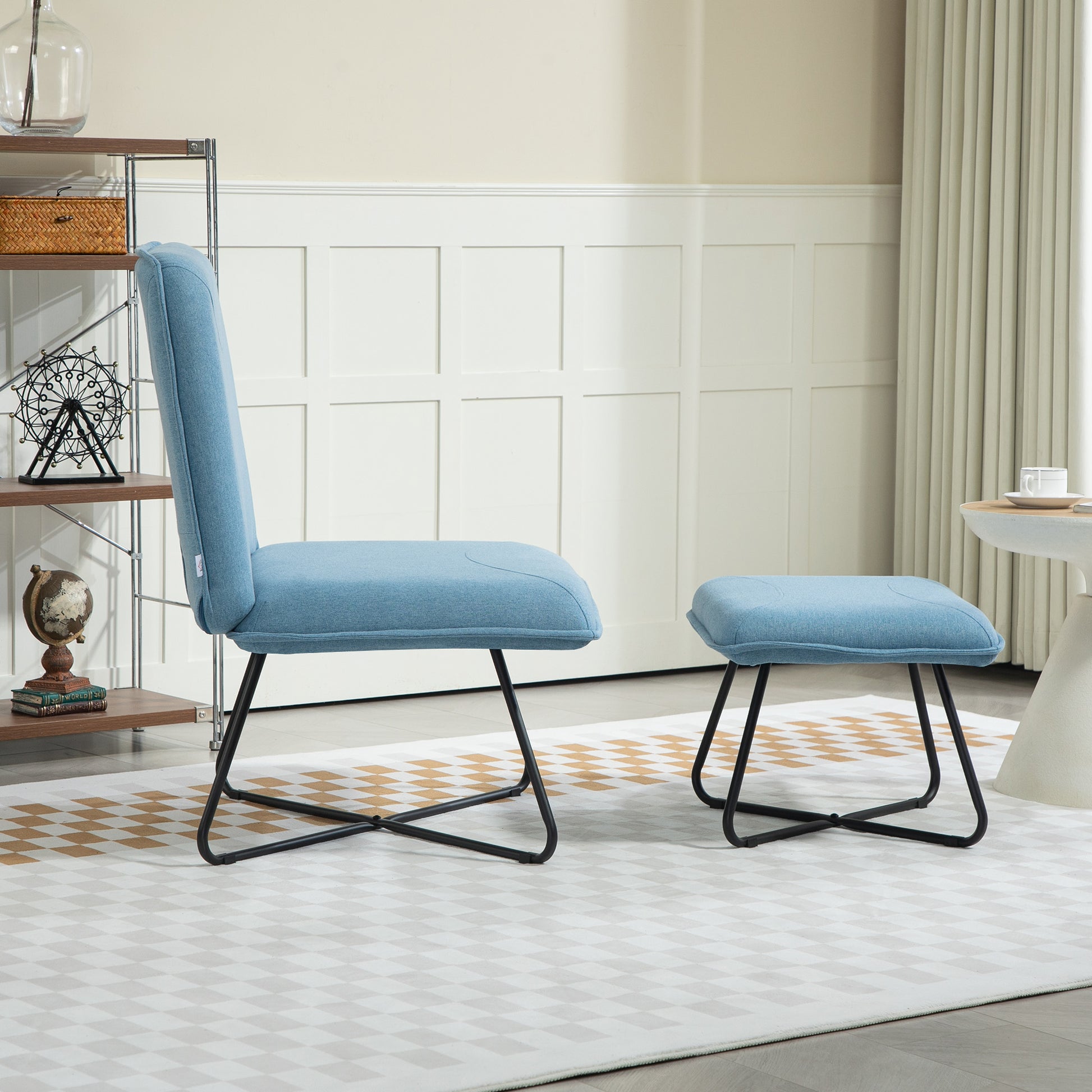Living Room Chair with Footrest Armless Relax Chair with Steel Cross Legs for Bedroom Blue Light for Living Room