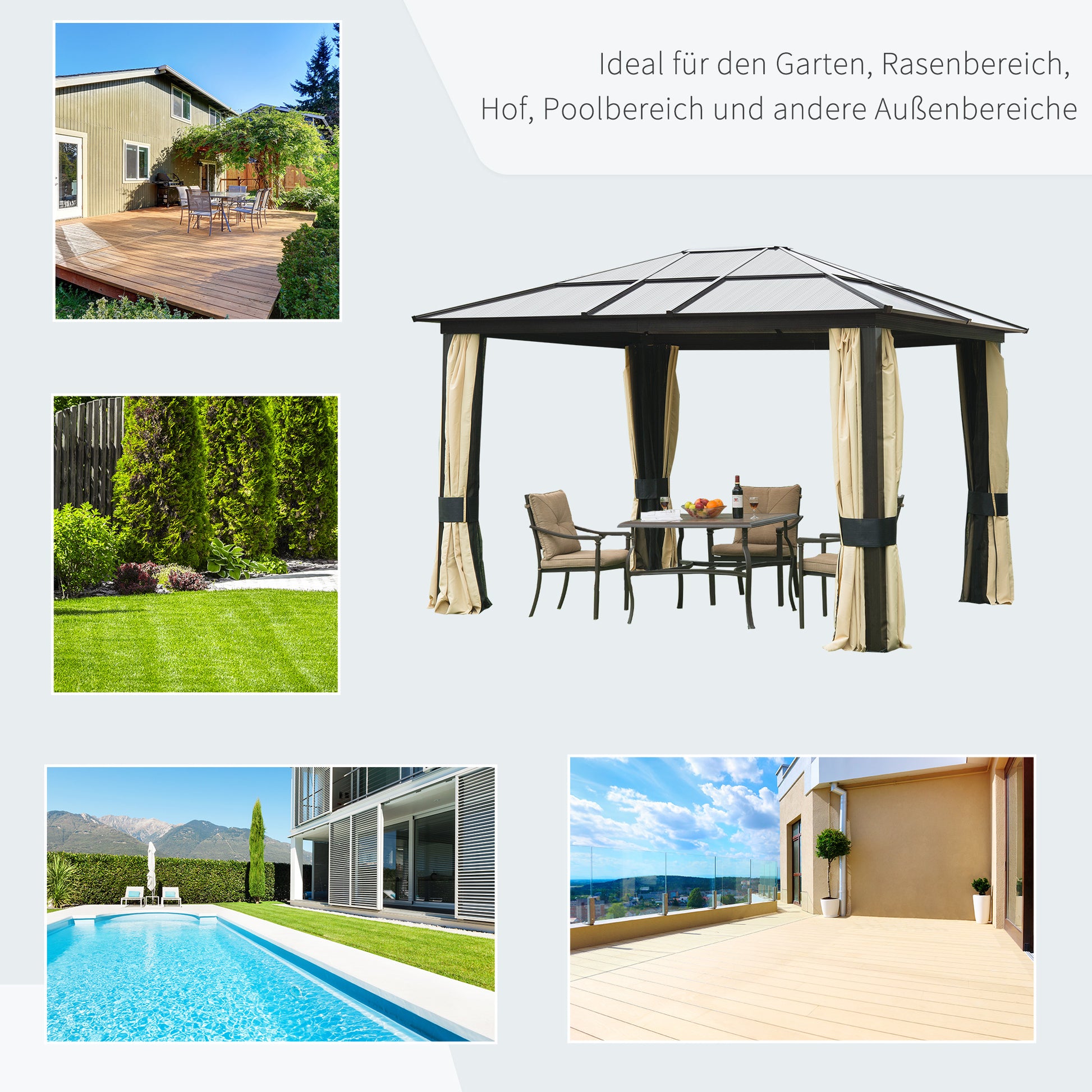 Luxury Gazebo Garden Gazebo Aluminum Party Tent Garden Tent with 4 Curtains, Translucent PC Roof Brown+Beige 295 x 360 x 265 cm