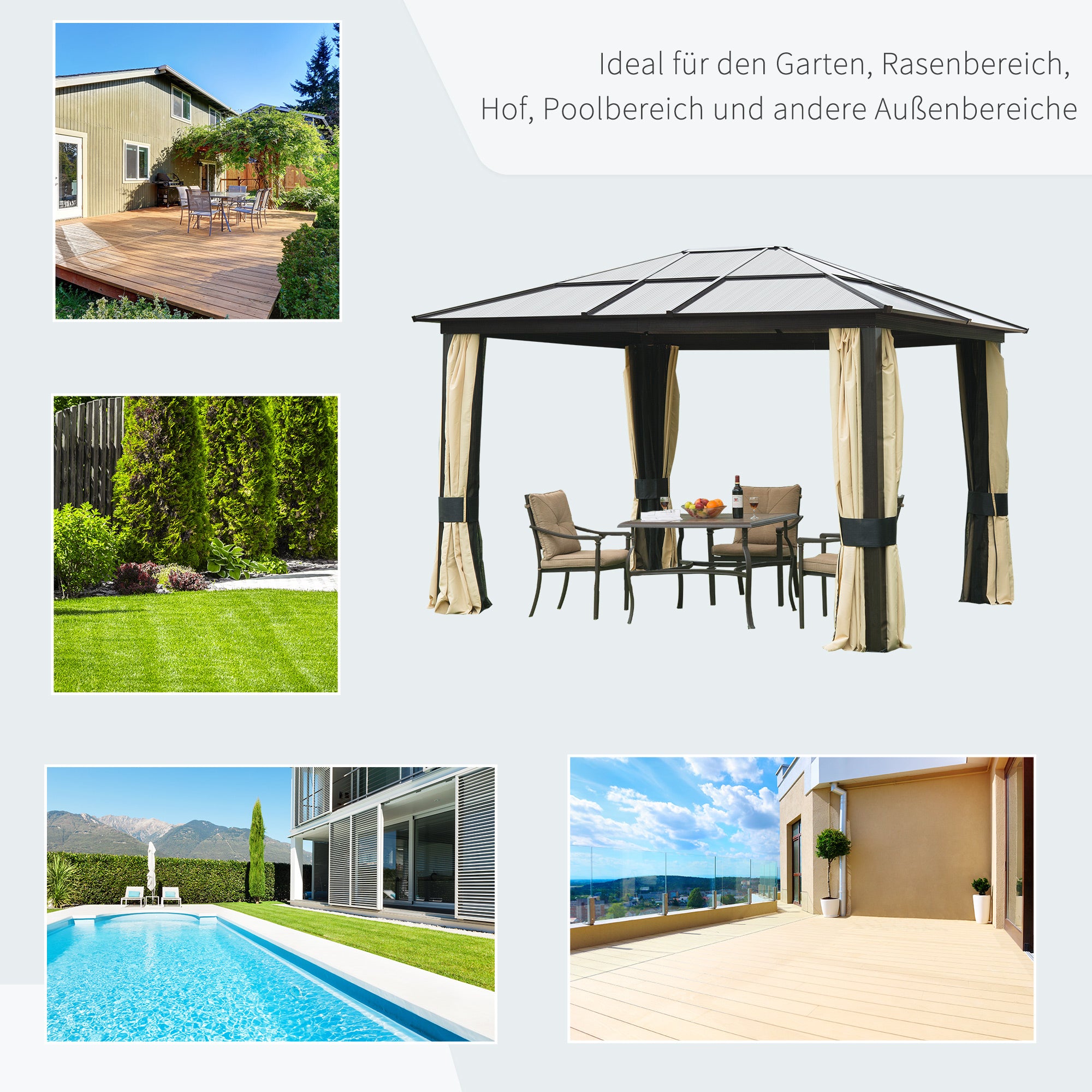 Luxury Gazebo Garden Gazebo Aluminum Party Tent Garden Tent with 4 Curtains, Translucent PC Roof Brown+Beige 295 x 360 x 265 cm