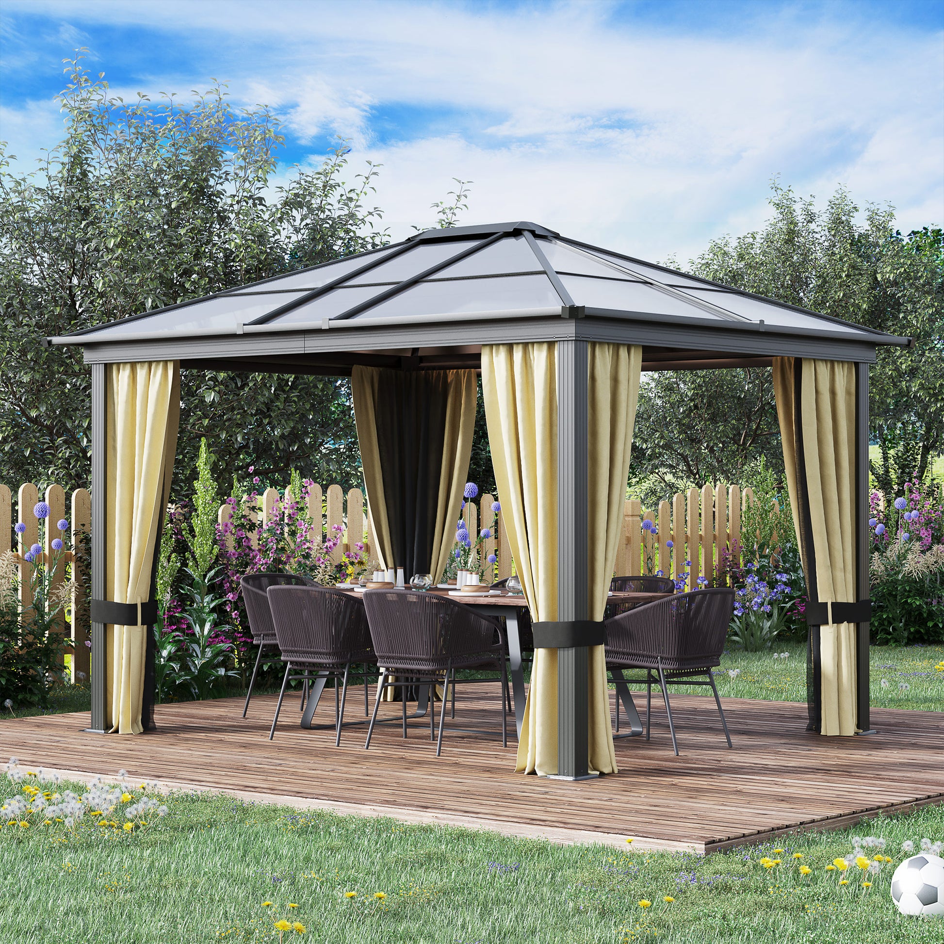 Luxury Gazebo Garden Gazebo Aluminum Party Tent Garden Tent with 4 Curtains, Translucent PC Roof Brown+Beige 295 x 360 x 265 cm