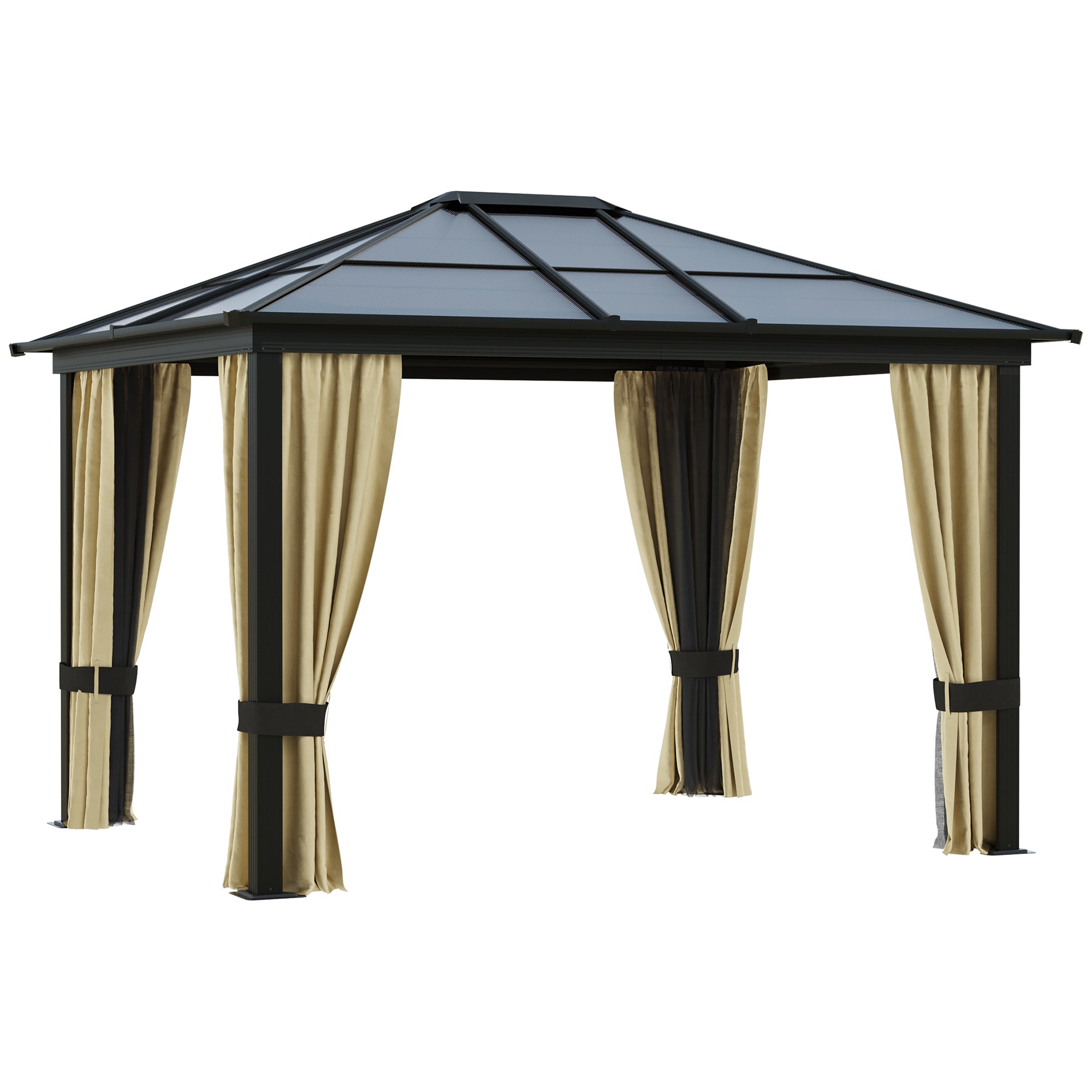 Luxury Gazebo Garden Gazebo Aluminum Party Tent Garden Tent with 4 Curtains, Translucent PC Roof Brown+Beige 295 x 360 x 265 cm