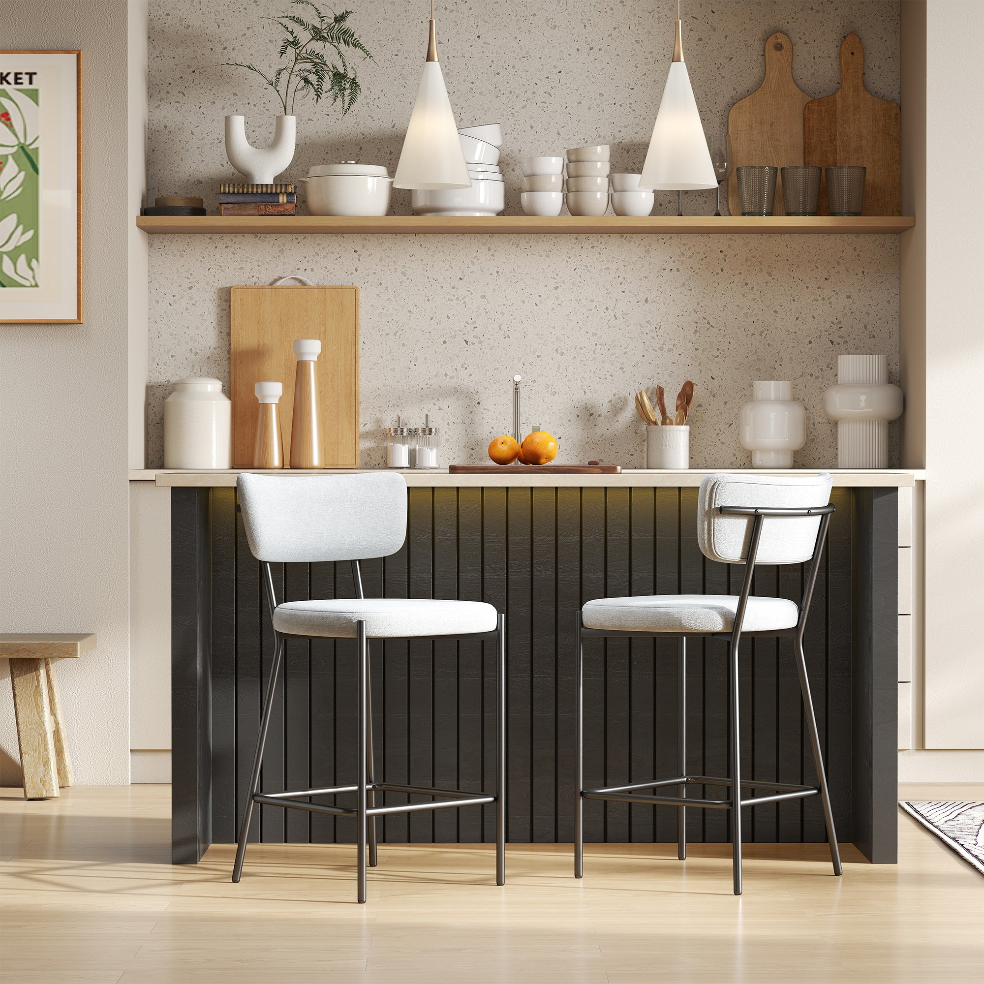 Set of 2 Upholstered Bar Stools — 24.8" Seat Height, Curved Back & Footrest, Metal Legs, Linen-Look Fabric, Light Gray