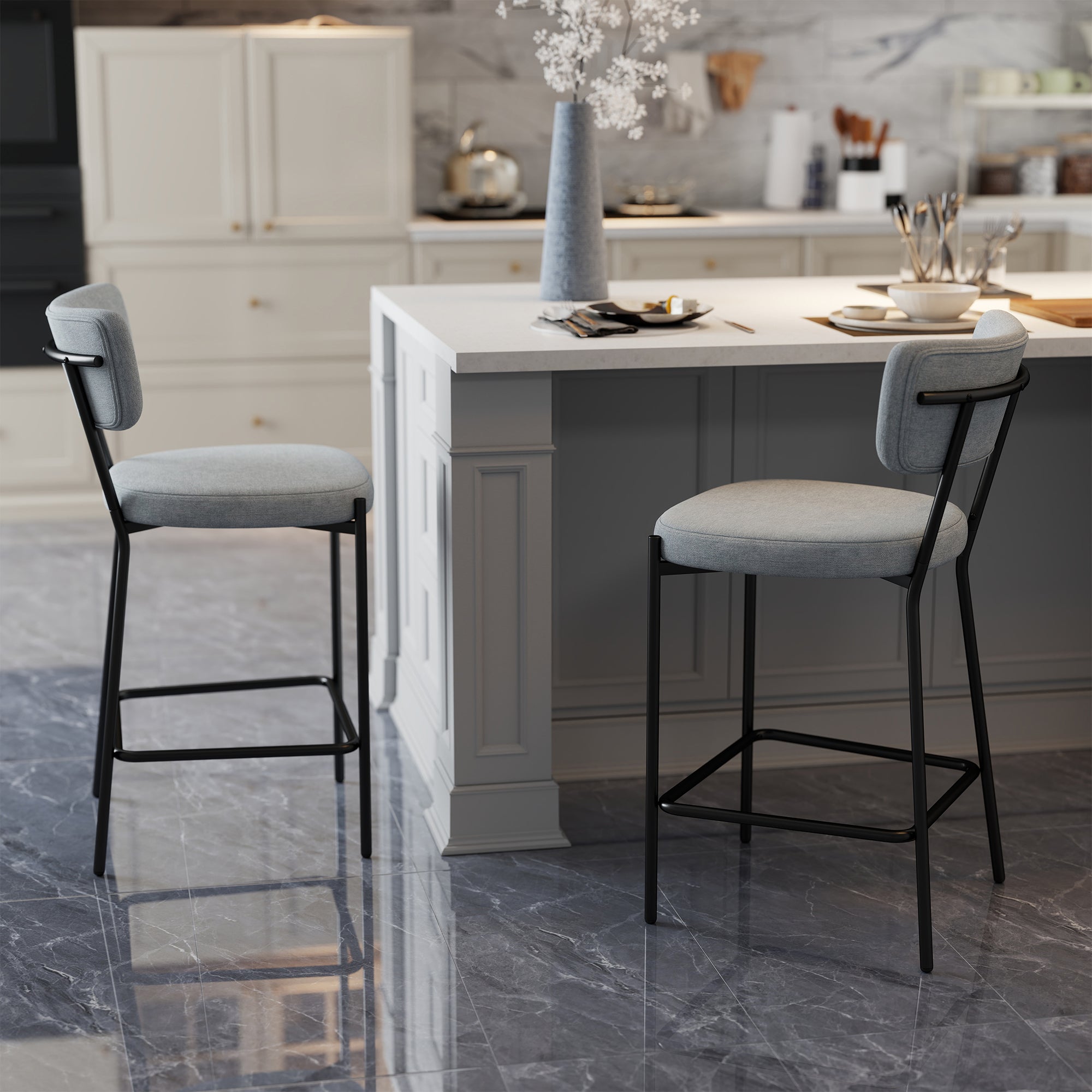 Set of 2 Upholstered Bar Stools — 24.8" Seat Height, Curved Back & Footrest, Metal Legs, Linen-Look Fabric, Light Gray