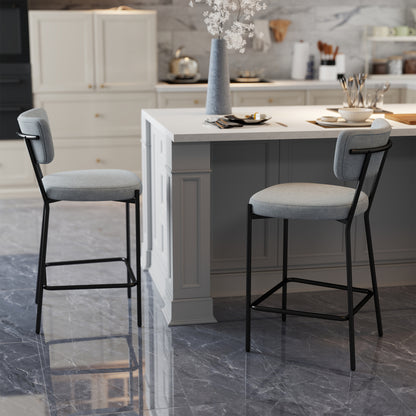 Set of 2 Upholstered Bar Stools — 24.8" Seat Height, Curved Back & Footrest, Metal Legs, Linen-Look Fabric, Light Gray