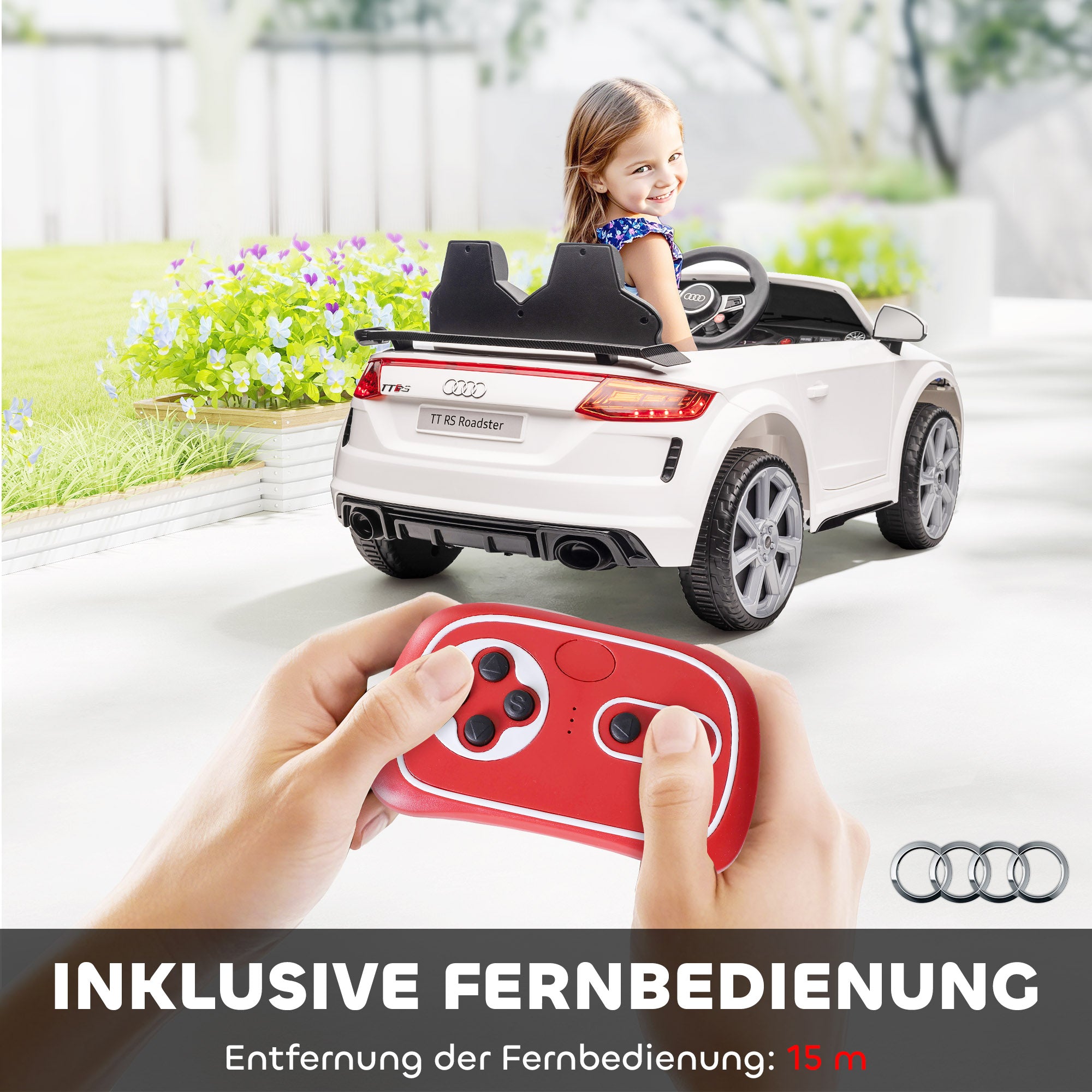 Children's Electric Car 12V Kids Ride On Car with 2.4G Remote Control, Music, Horn, Electric Vehicle with LED Light, USB/MP3 Connection, Reverse Function, for Kids 3-5 Years Old, White