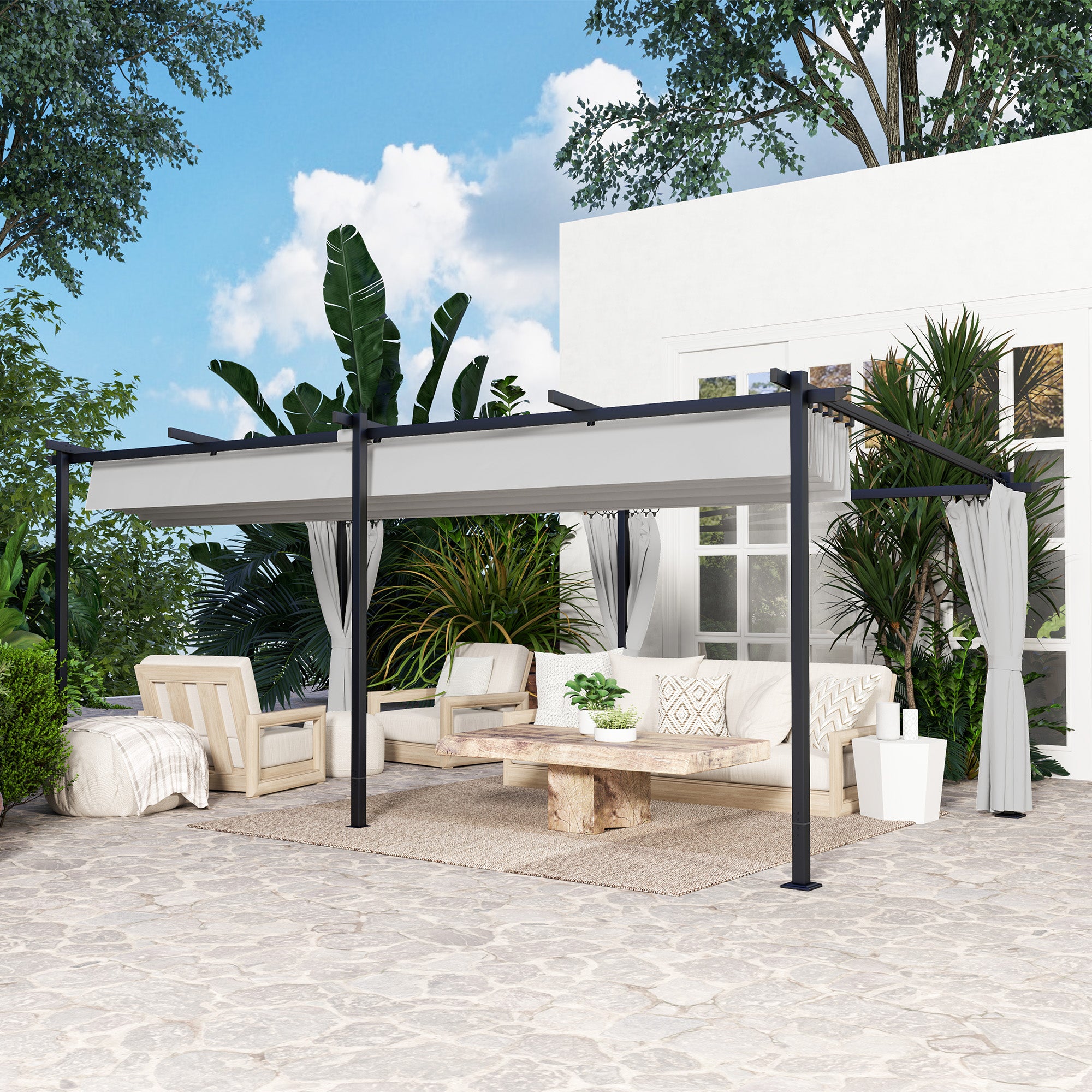 Garden Pergola 3 x 6 m Retractable Sliding Pavilion with Side Walls, Garden Gazebo, High Density 180g/m² Polyester, Sun Protection Roof UPF30+, for Terrace, Patio, Grey