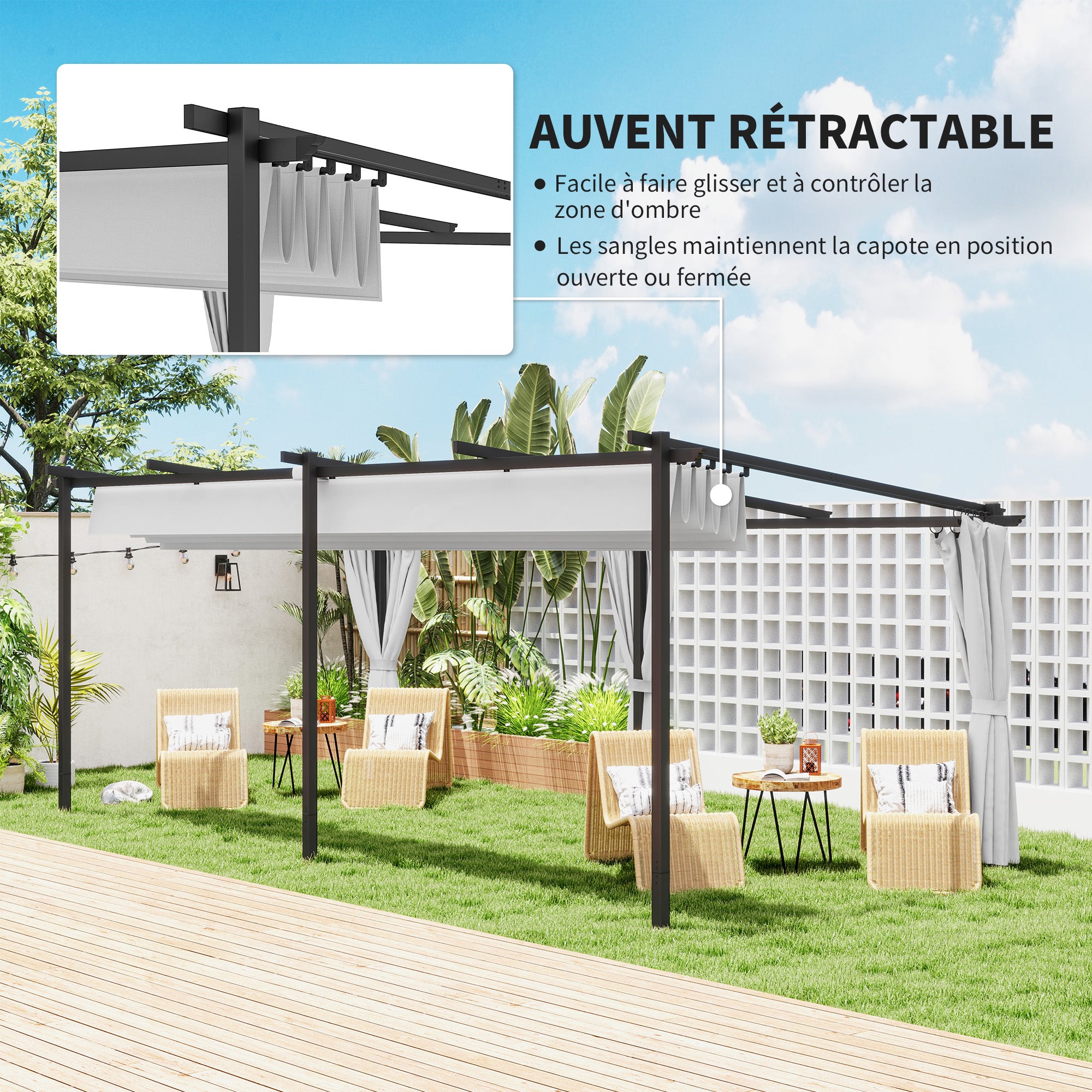 Garden Pergola 3 x 6 m Retractable Sliding Pavilion with Side Walls, Garden Gazebo, High Density 180g/m² Polyester, Sun Protection Roof UPF30+, for Terrace, Patio, Grey