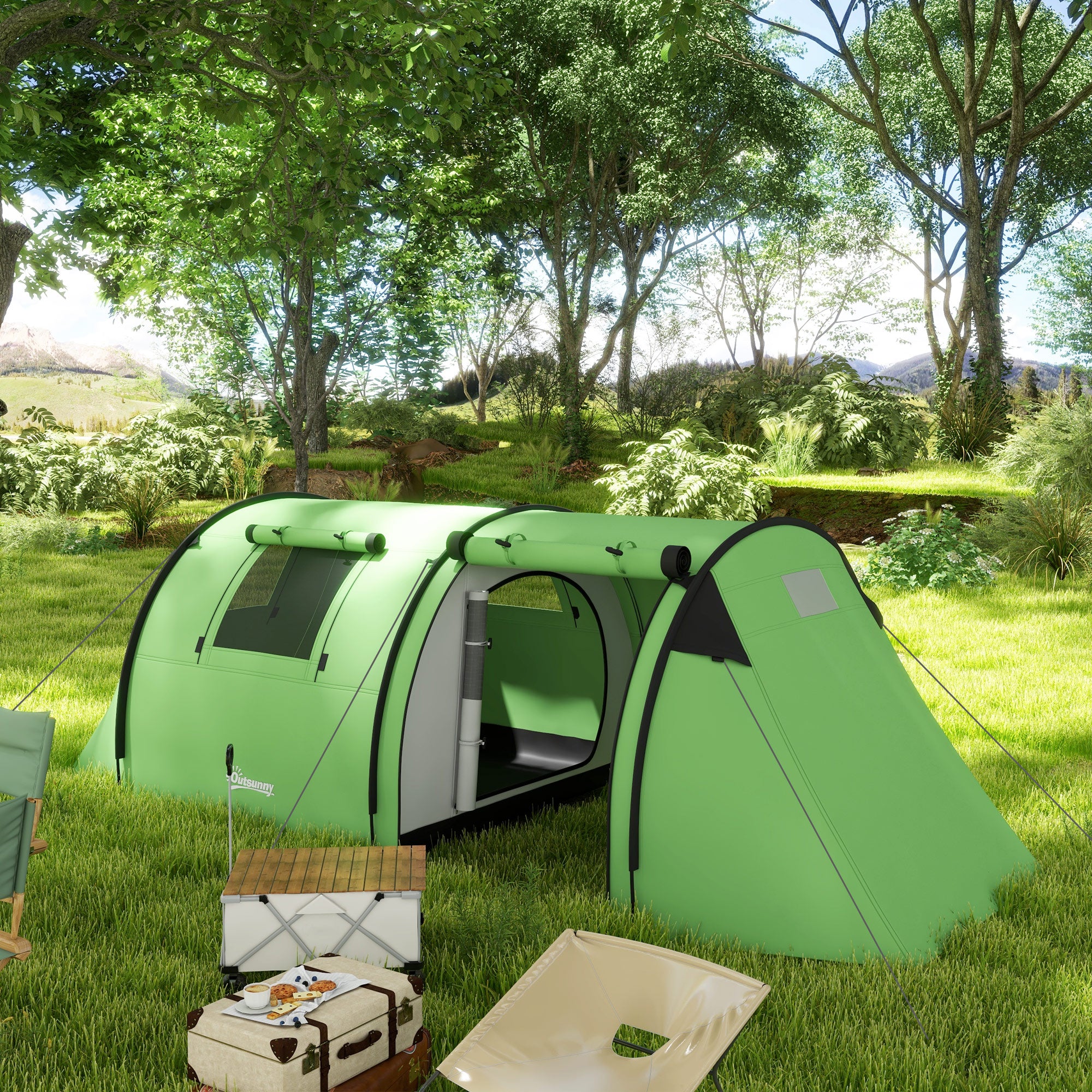 3–4 Person Waterproof Family Tent with Separate Bedroom & Living Area, 3000 mm Hydrostatic Head, Dark Green