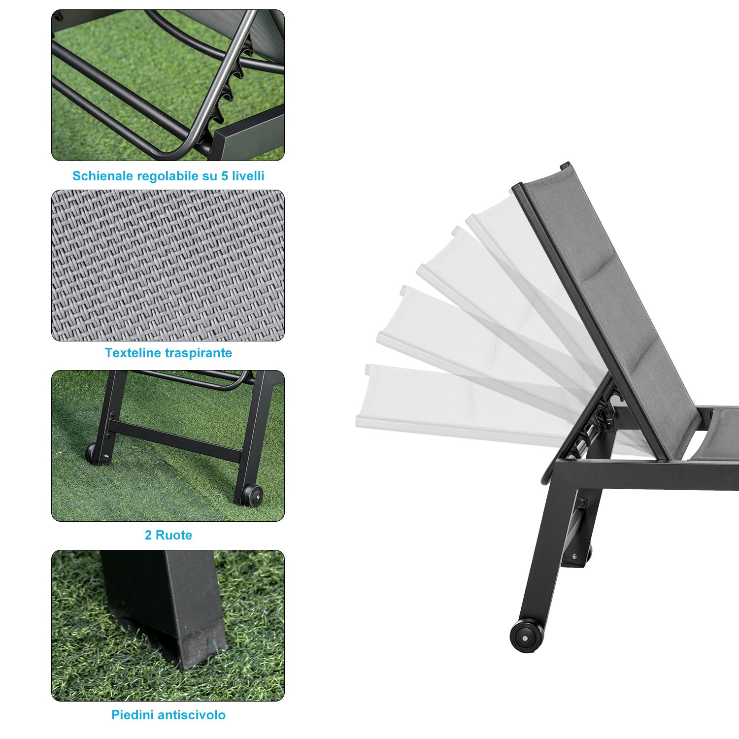 Reclining Garden Sun Lounger with 5 Levels Padded Cover, Aluminum and Texteline, 72x168x102cm Gray