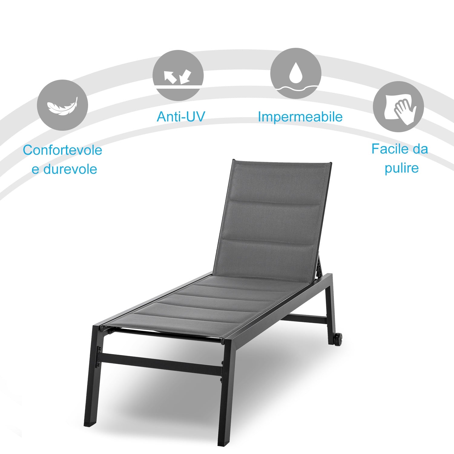 Reclining Garden Sun Lounger with 5 Levels Padded Cover, Aluminum and Texteline, 72x168x102cm Gray