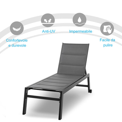 Reclining Garden Sun Lounger with 5 Levels Padded Cover, Aluminum and Texteline, 72x168x102cm Gray
