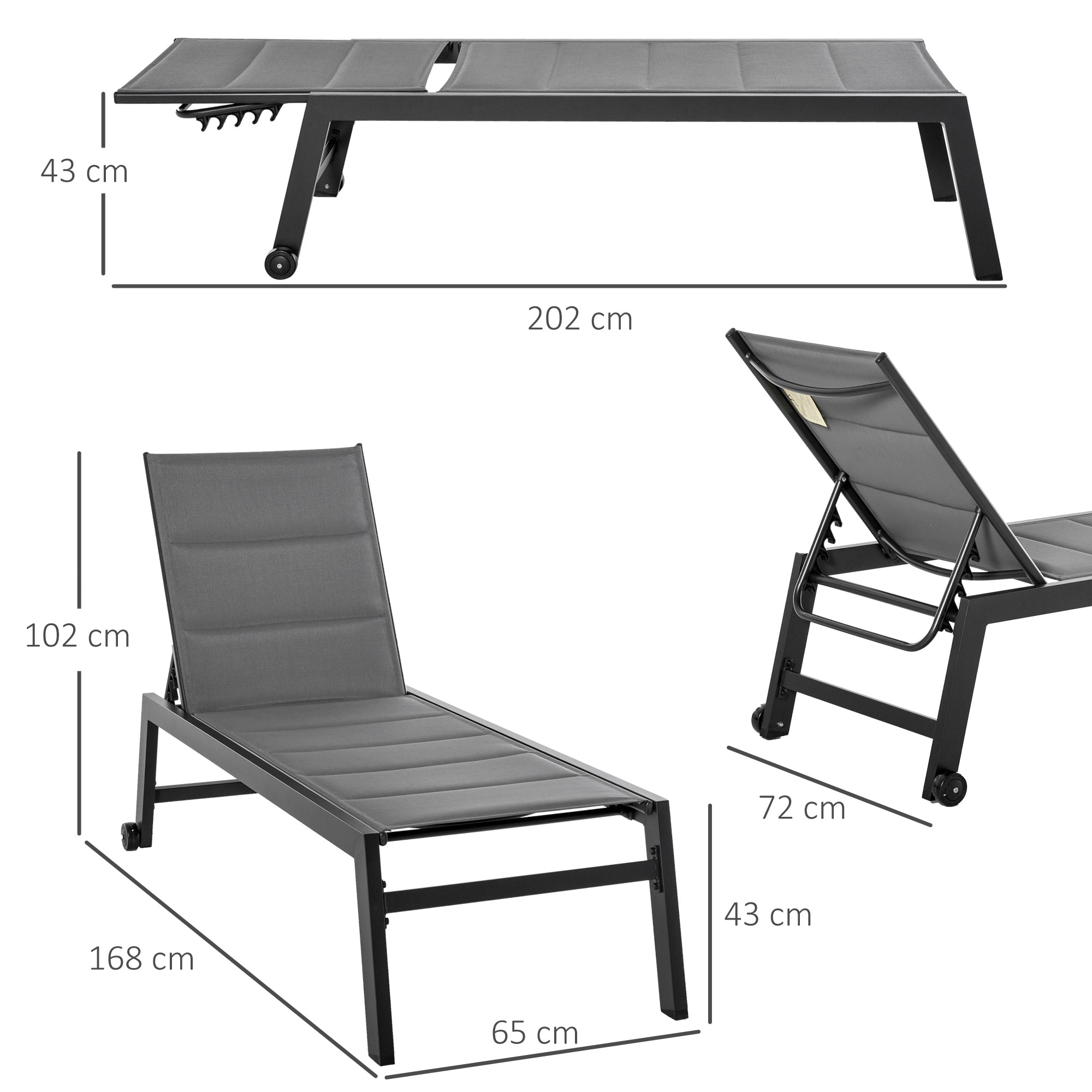Reclining Garden Sun Lounger with 5 Levels Padded Cover, Aluminum and Texteline, 72x168x102cm Gray